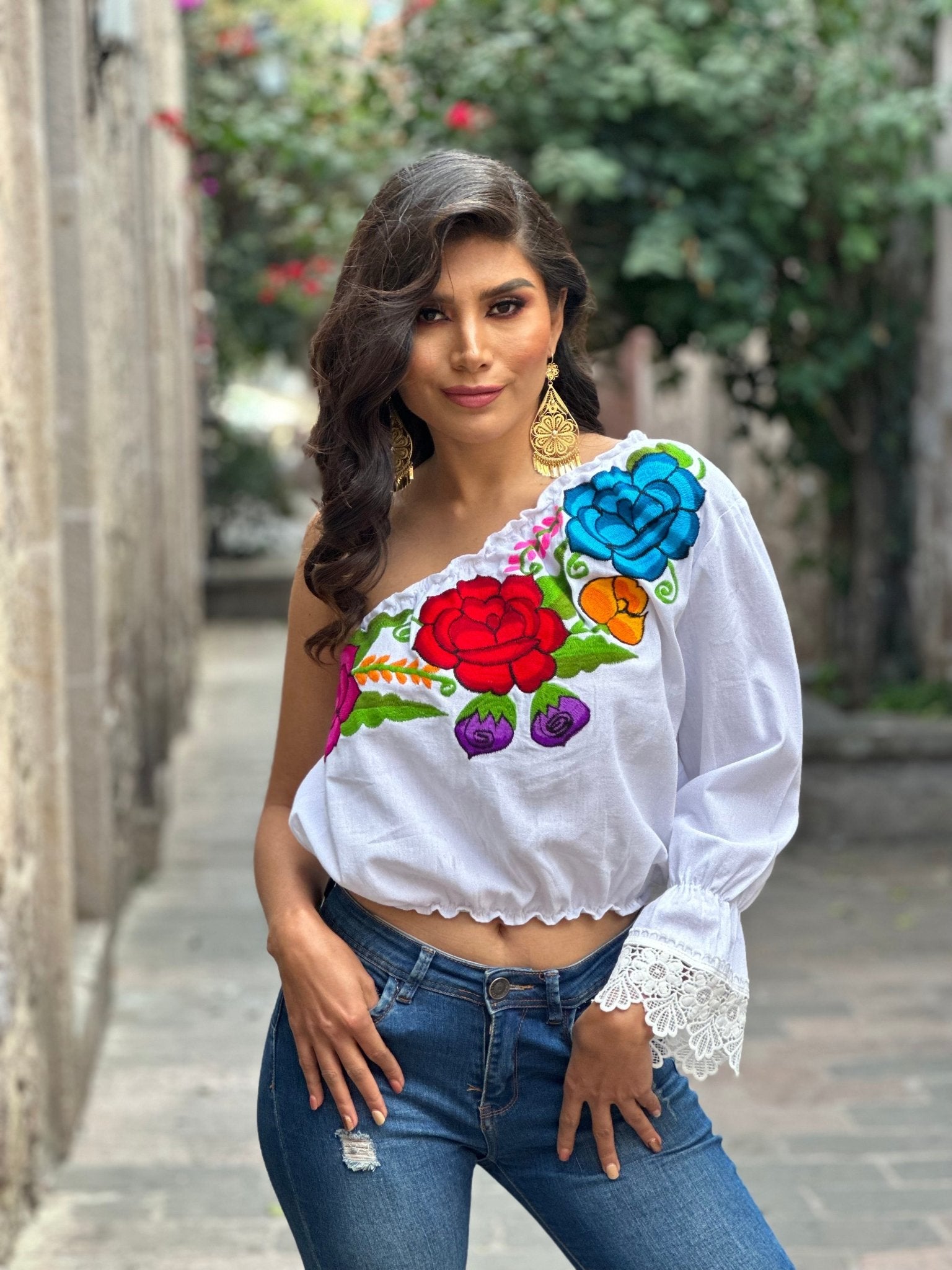 Mexican Embroidered Floral One Shoulder Artisanal Crop Top. Zulema Deluxe Crop Top. - Solei Store