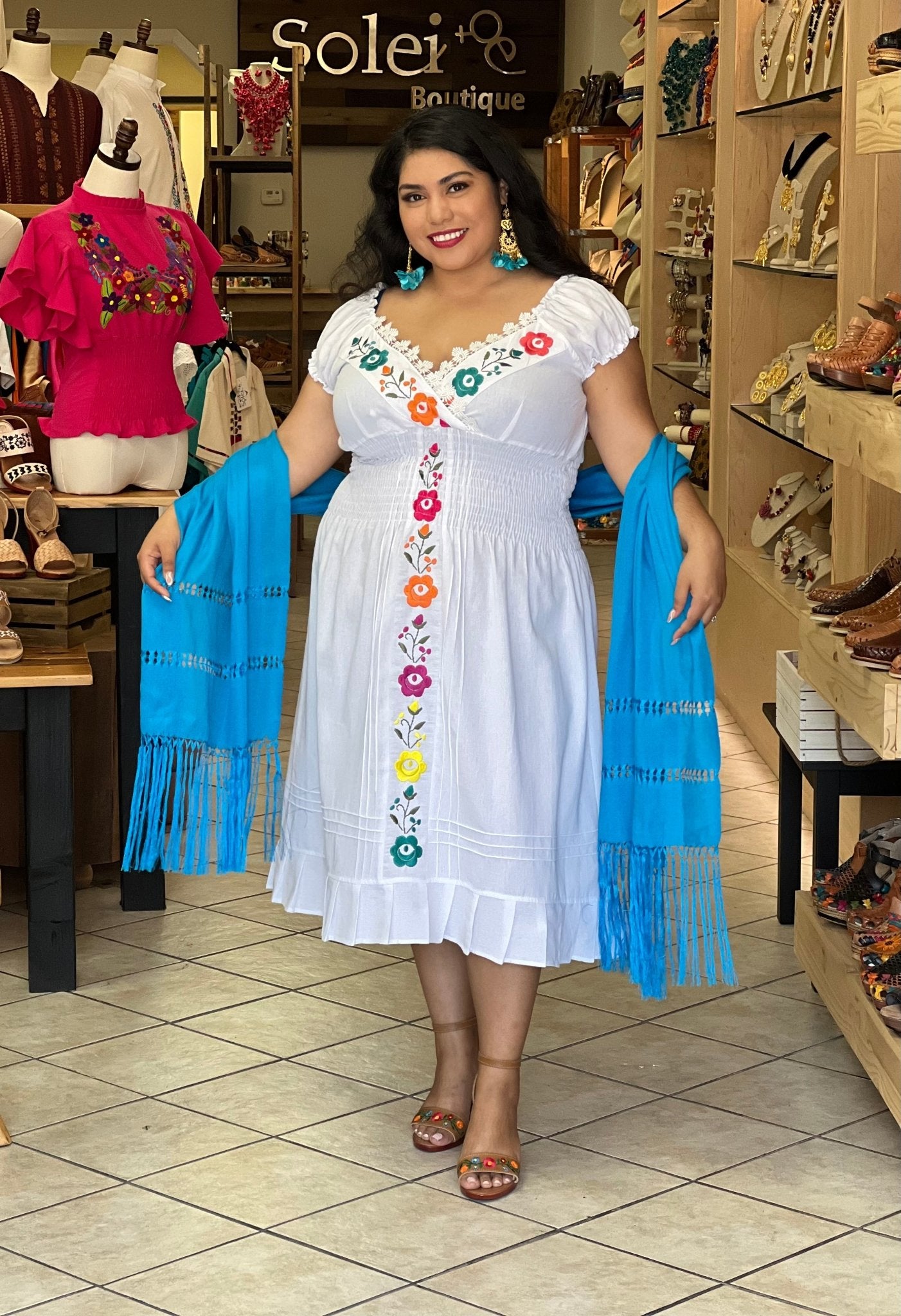 Mexican Embroidered Floral Plunge Dress. Vestido Yamileth. - Solei Store