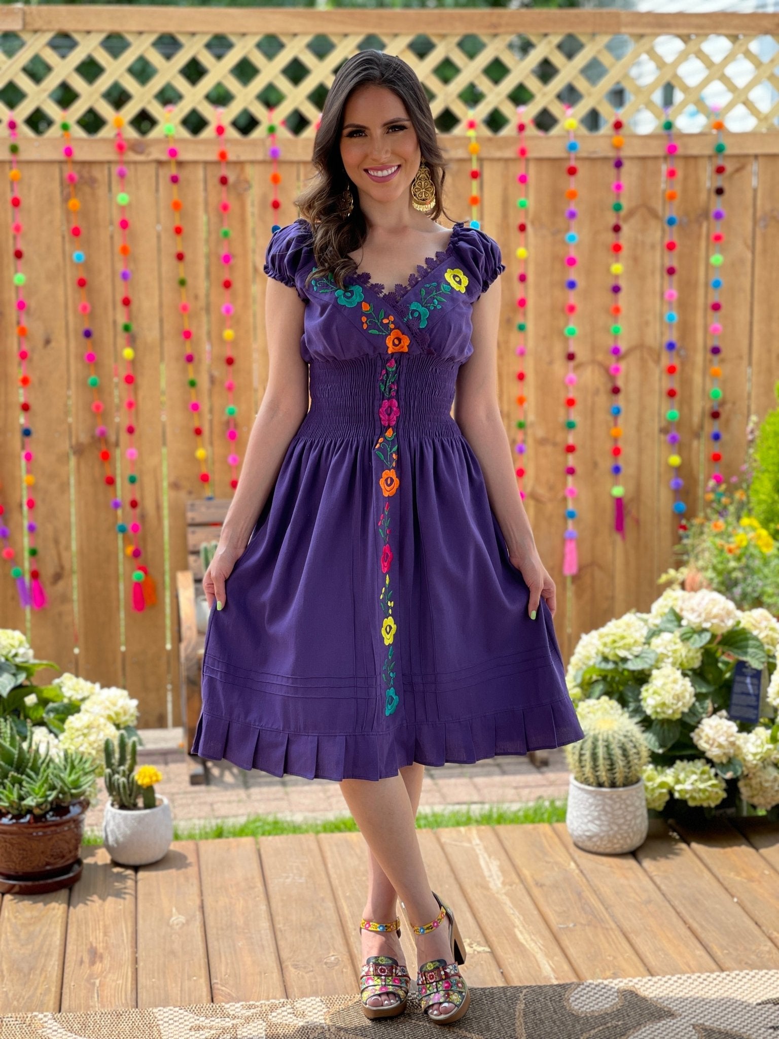 Mexican Embroidered Floral Plunge Dress. Vestido Yamileth. - Solei Store