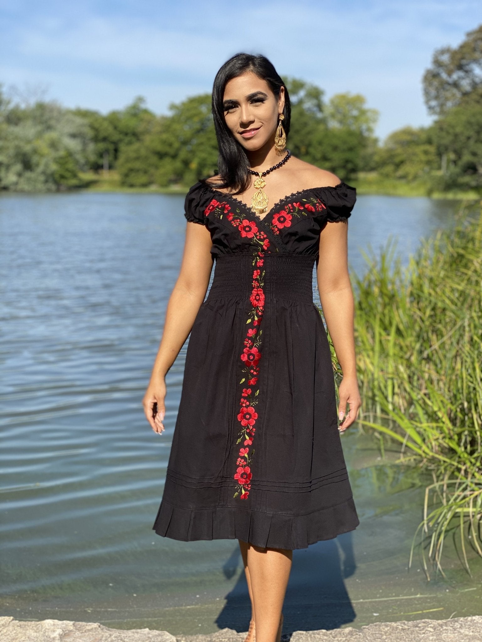 Mexican Embroidered Floral Plunge Dress. Yamileth Dress. - Solei Store