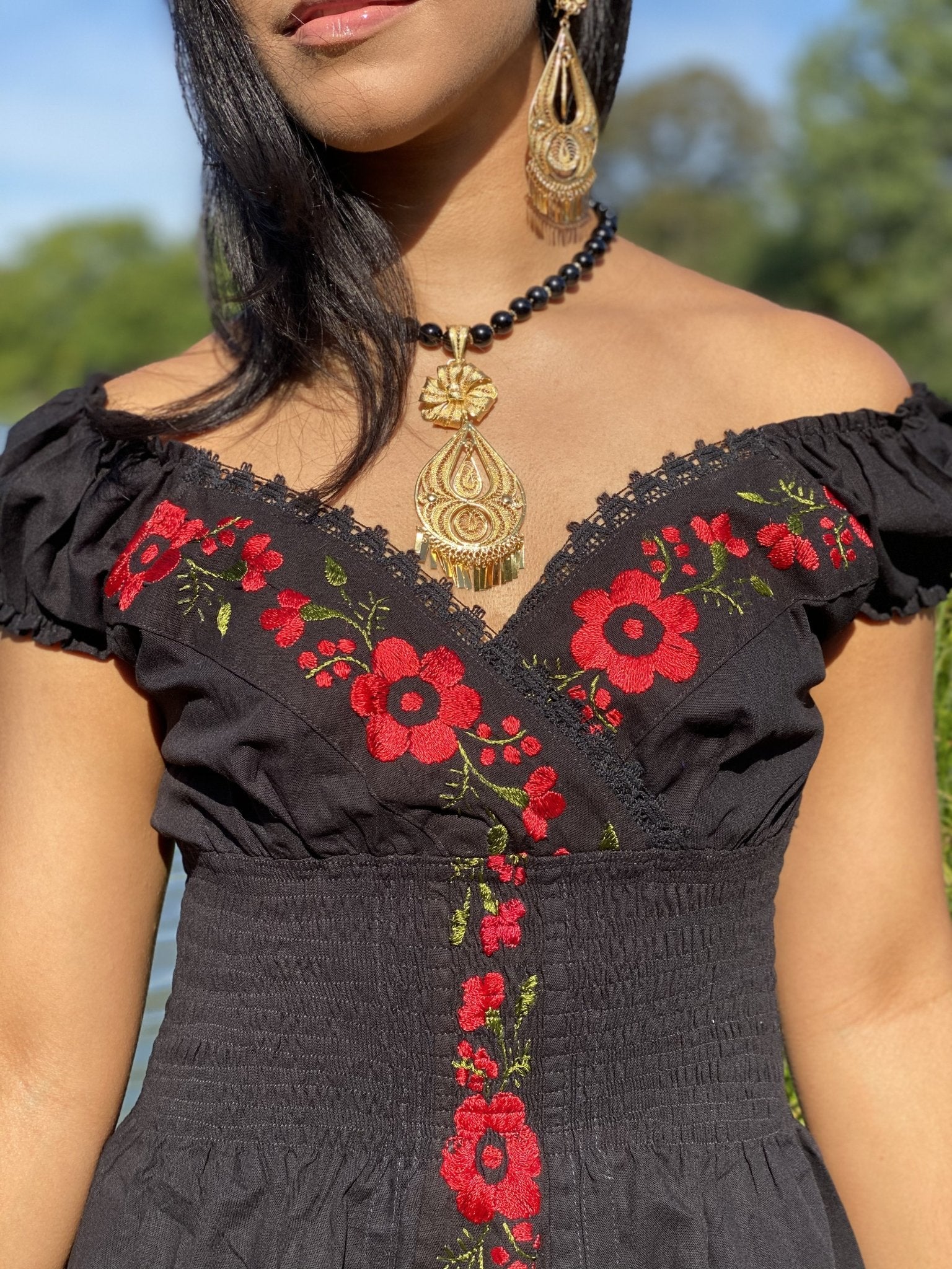 Mexican Embroidered Floral Plunge Dress. Yamileth Dress. - Solei Store