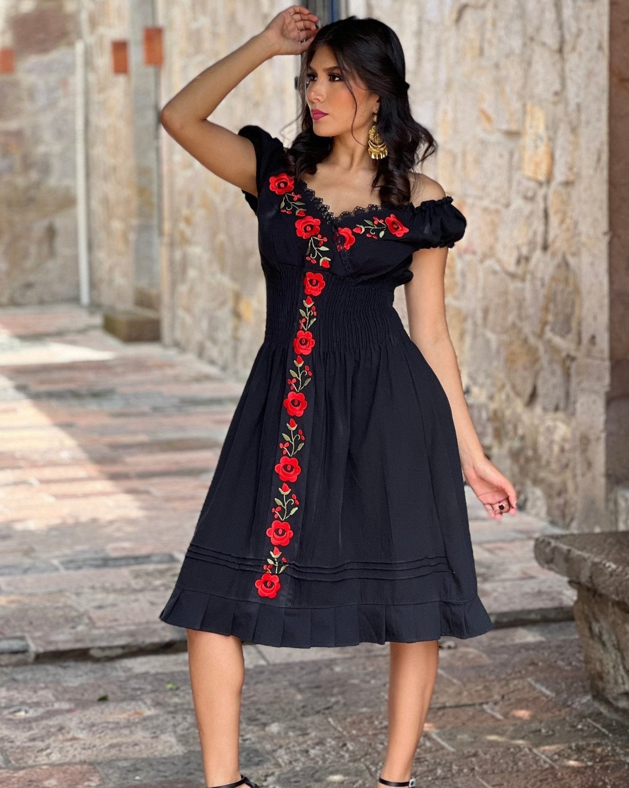 Mexican Embroidered Floral Plunge Dress. Yamileth Dress - Solei Store