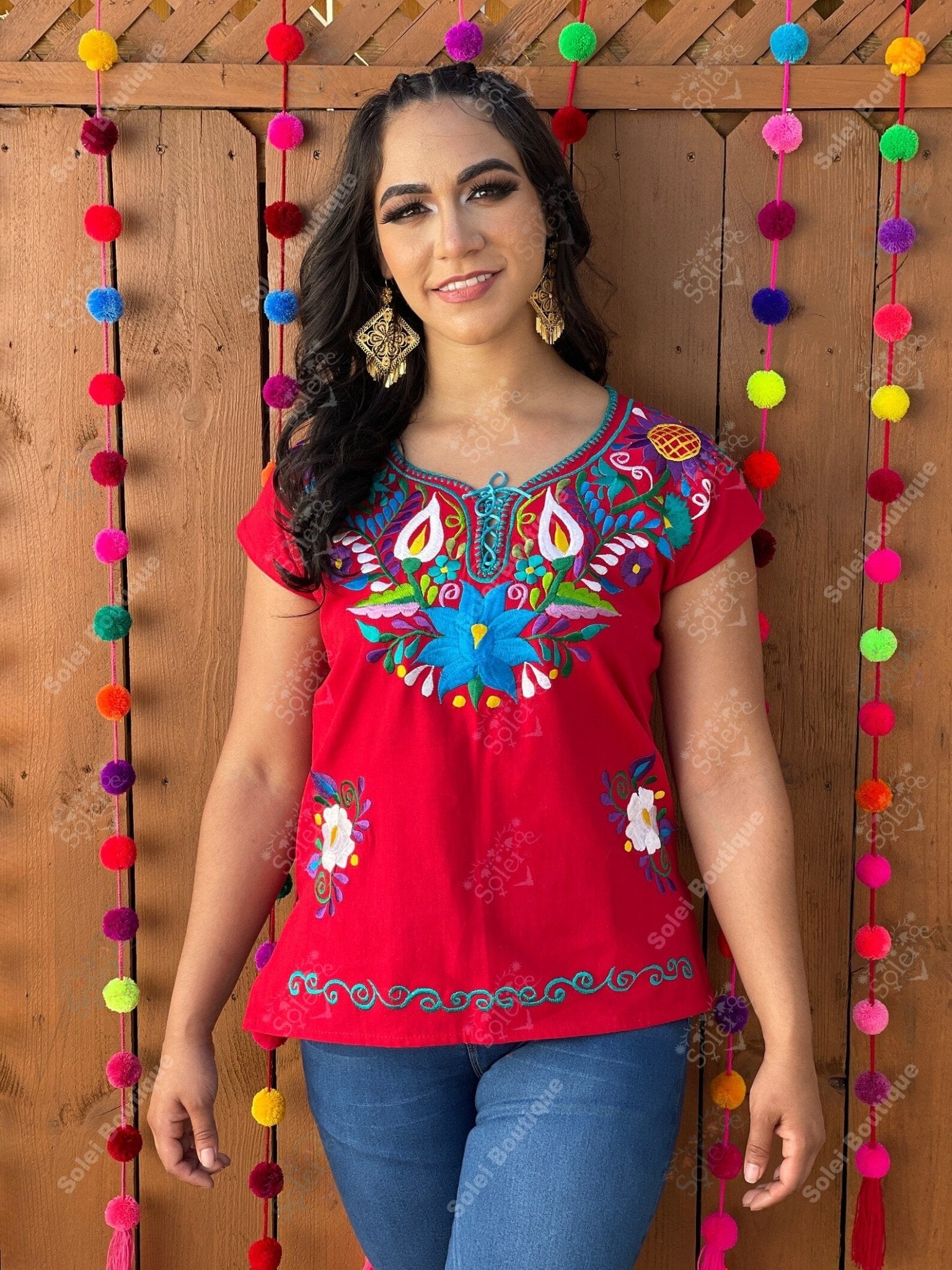 Mexican Embroidered Flower Blouse. Artisanal Mexican Blouse. Kimona Alcatraz Blouse. - Solei Store