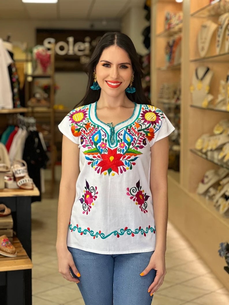 Mexican Embroidered Flower Blouse. Artisanal Mexican Blouse. Kimona Alcatraz Blouse. - Solei Store