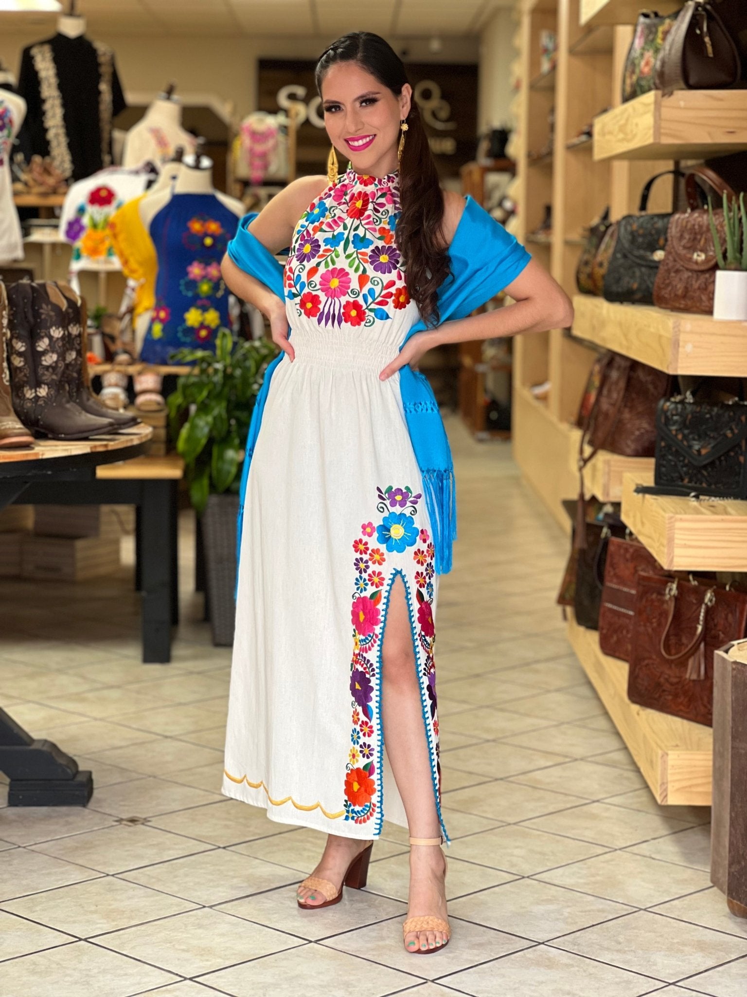 Mexican Embroidered Floral Halter Dress in Beige with Multicolor embroidery