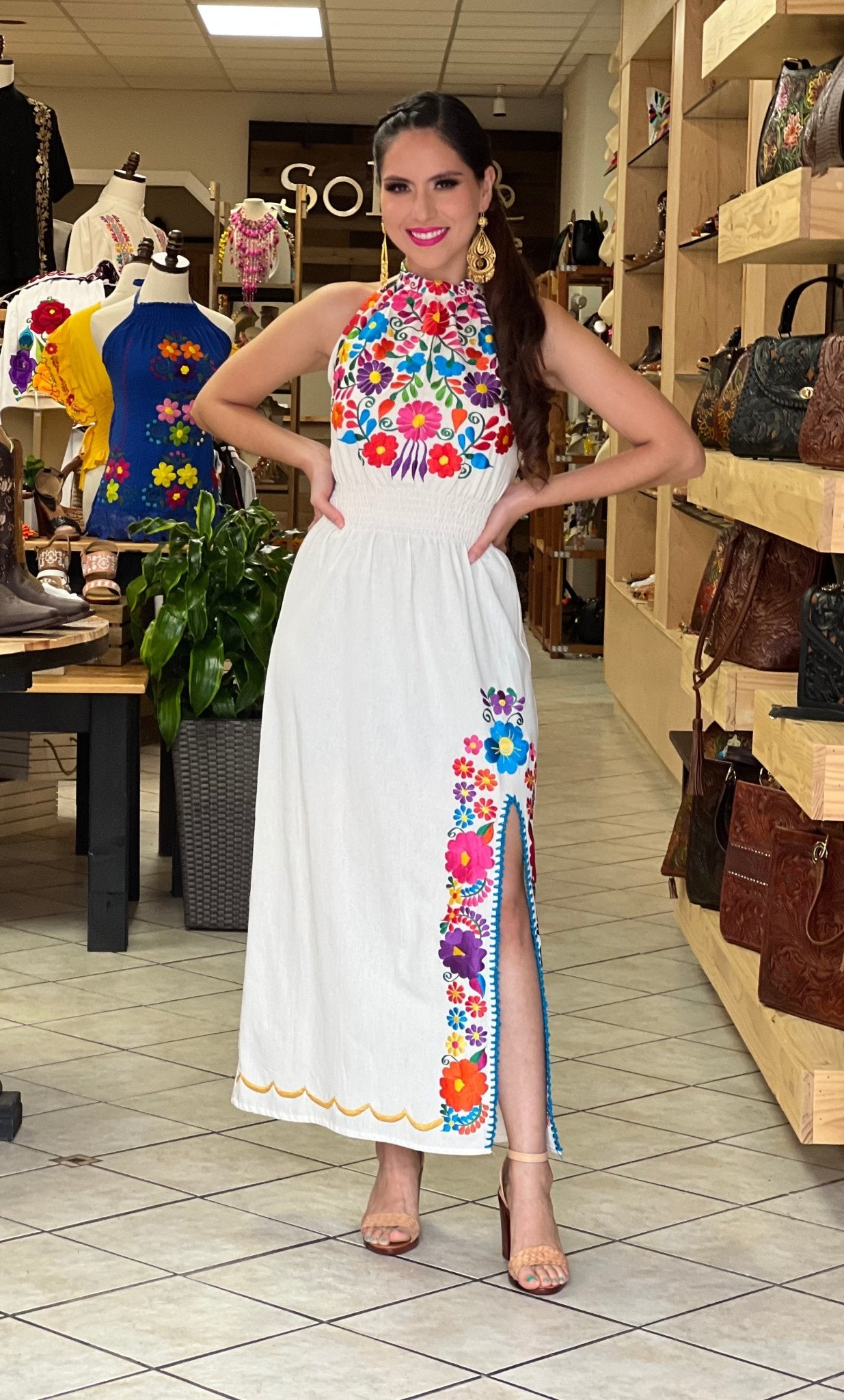 Mexican Embroidered Floral Halter Dress in Beige with Multicolor embroidery