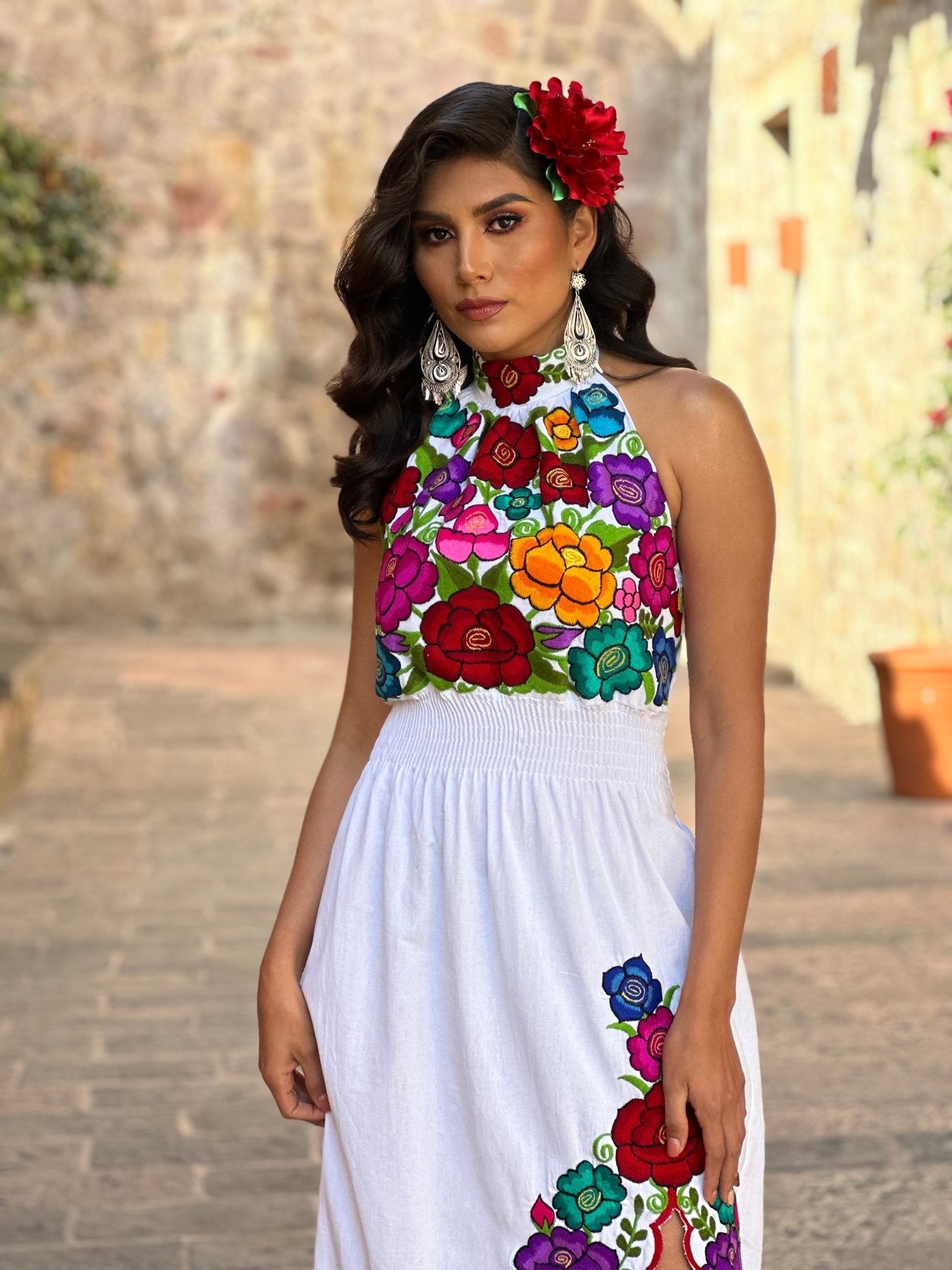 Mexican Embroidered Halter Dress in White with multicolor embroidery.