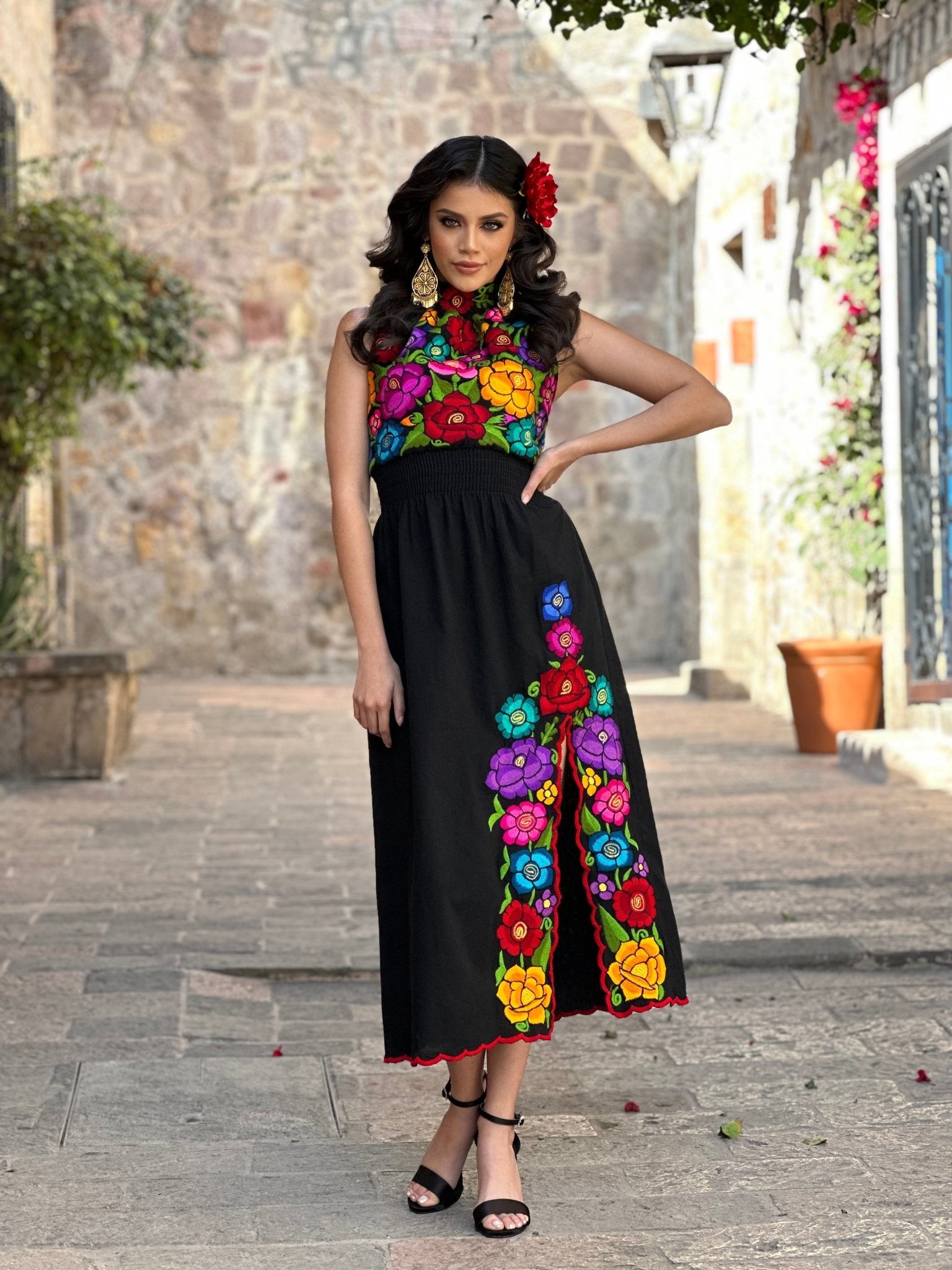 Mexican Embroidered Halter Dress in Black with multicolor embroidery.