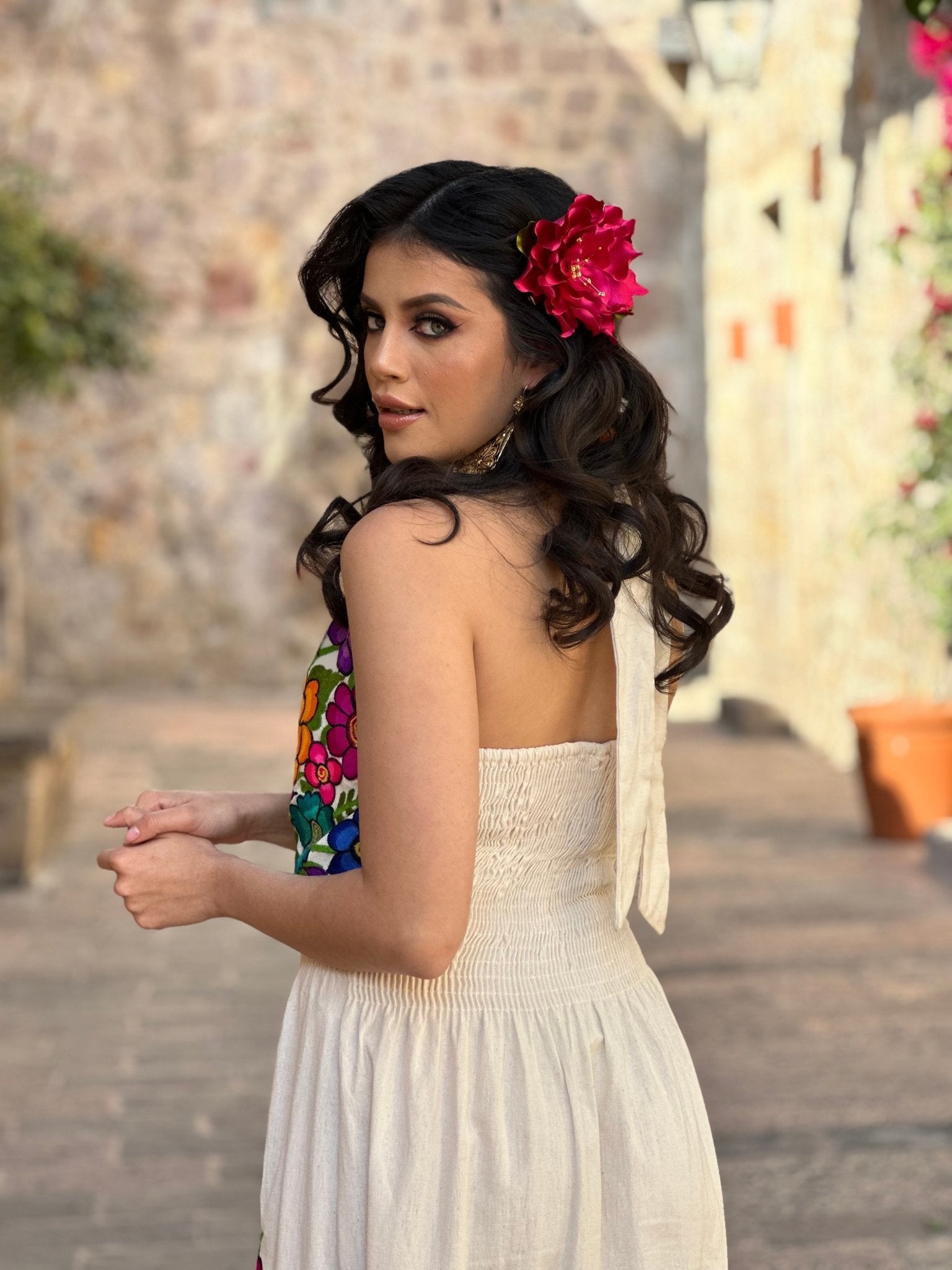 Mexican Embroidered Halter Dress in Beige with multicolor embroidery.