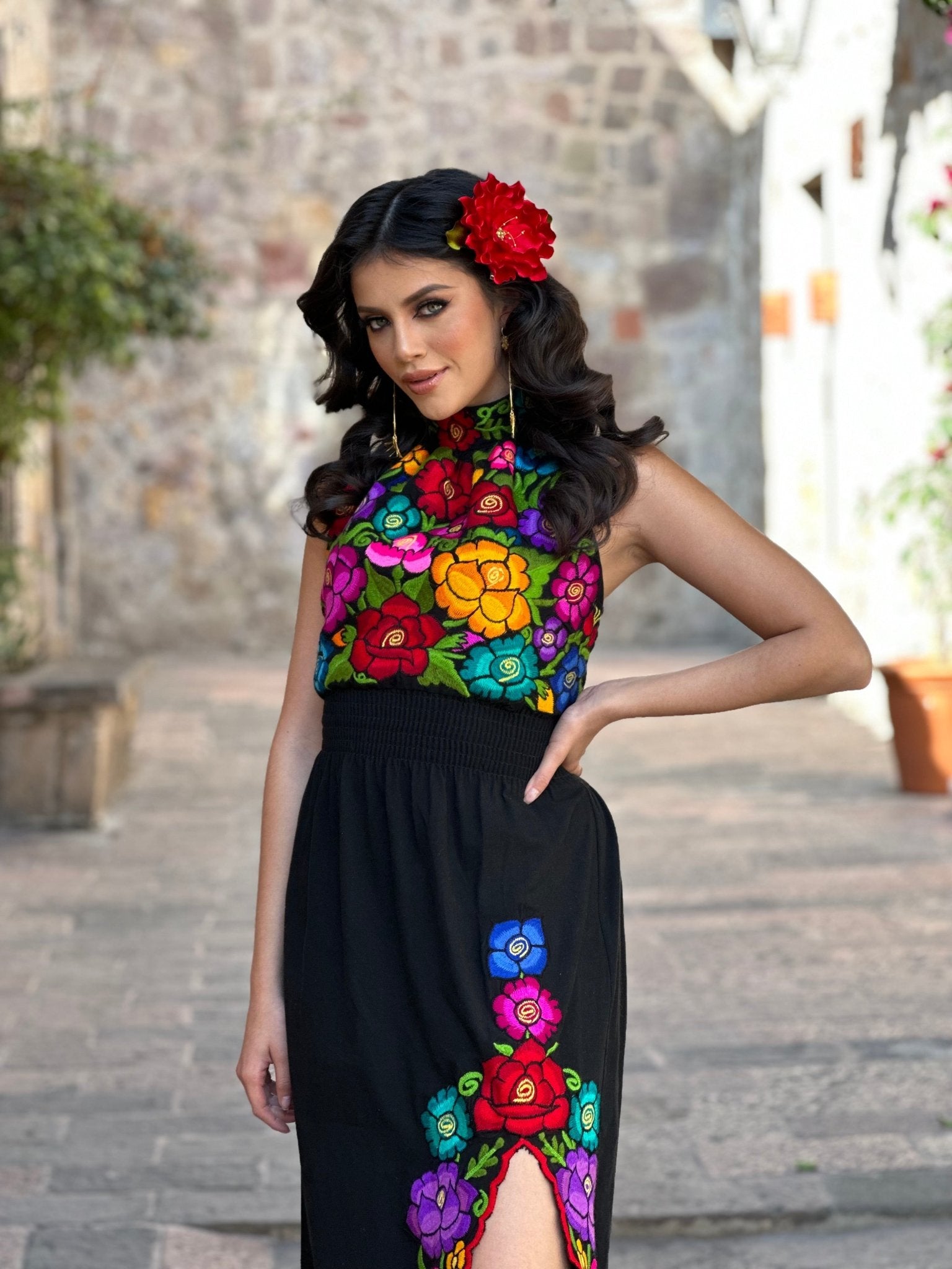 Mexican Embroidered Halter Dress in Black with multicolor embroidery.