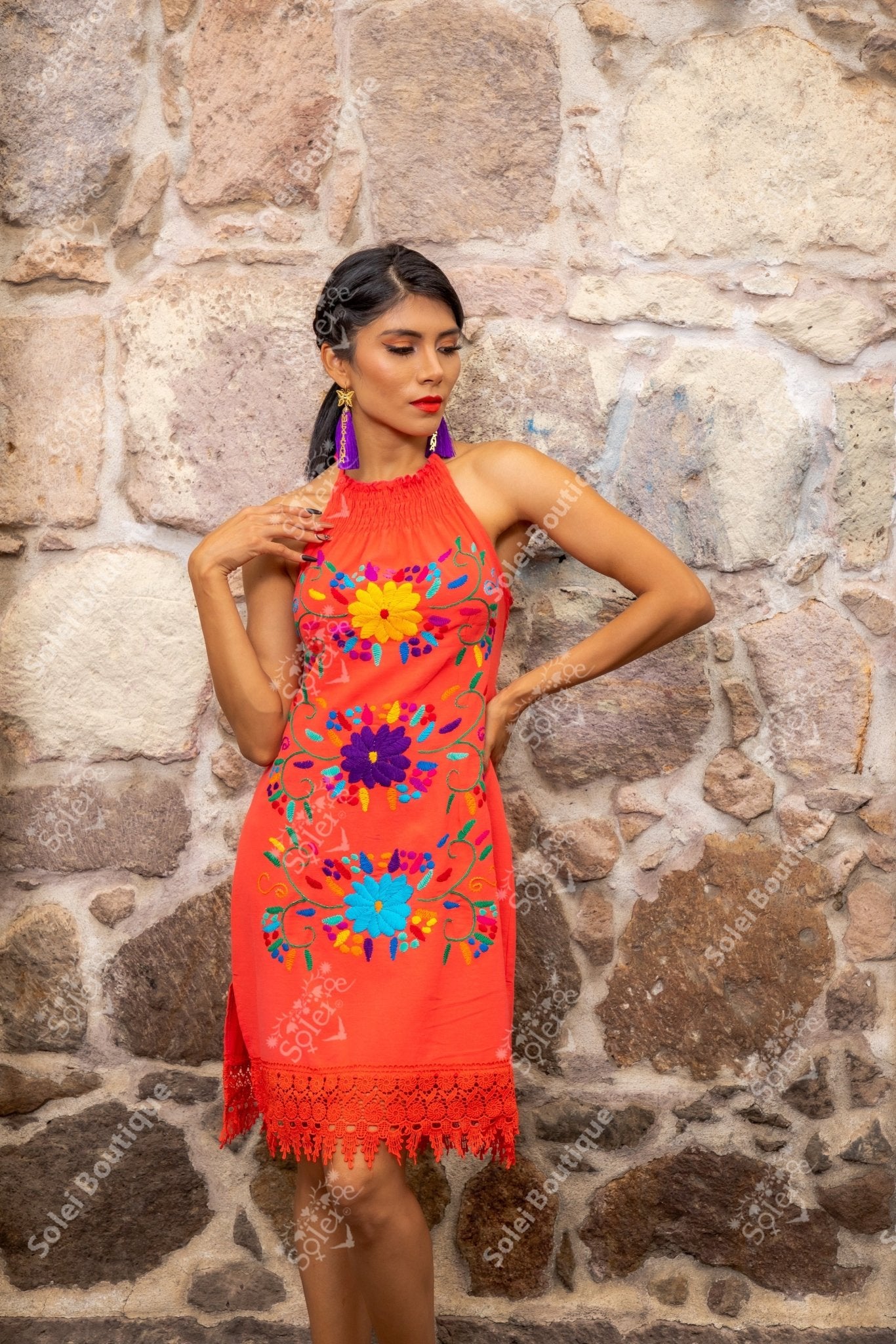 Mexican Embroidered Halter Dress. Romance Dress. - Solei Store