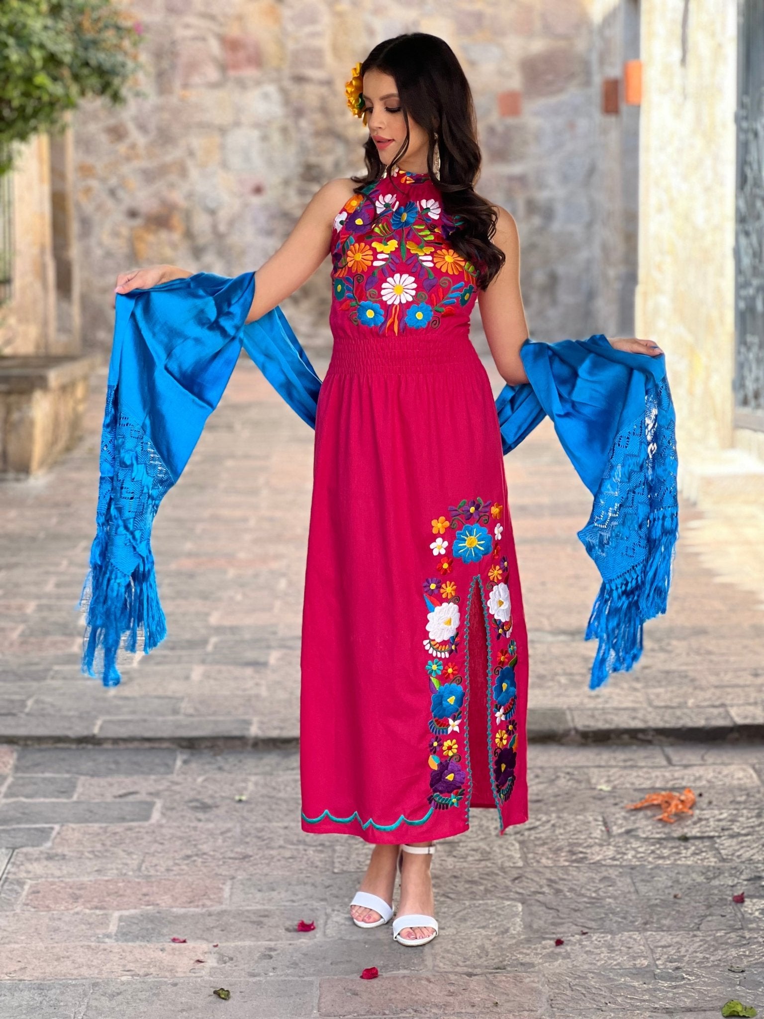 Mexican Embroidered Floral Halter Dress in Fuchsia with Multicolor embroidery