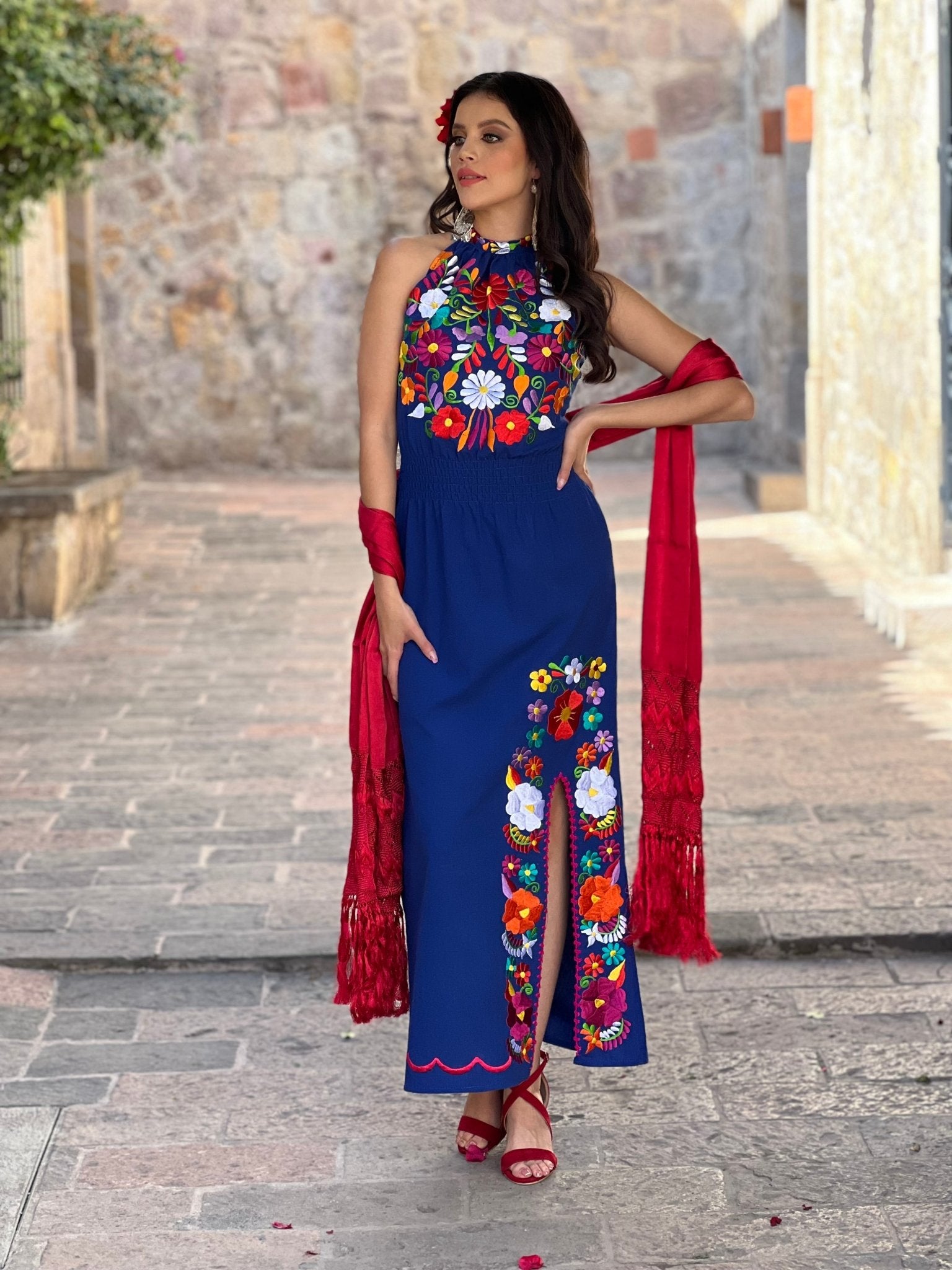 Mexican Embroidered Floral Halter Dress in Royal Blue with Multicolor embroidery