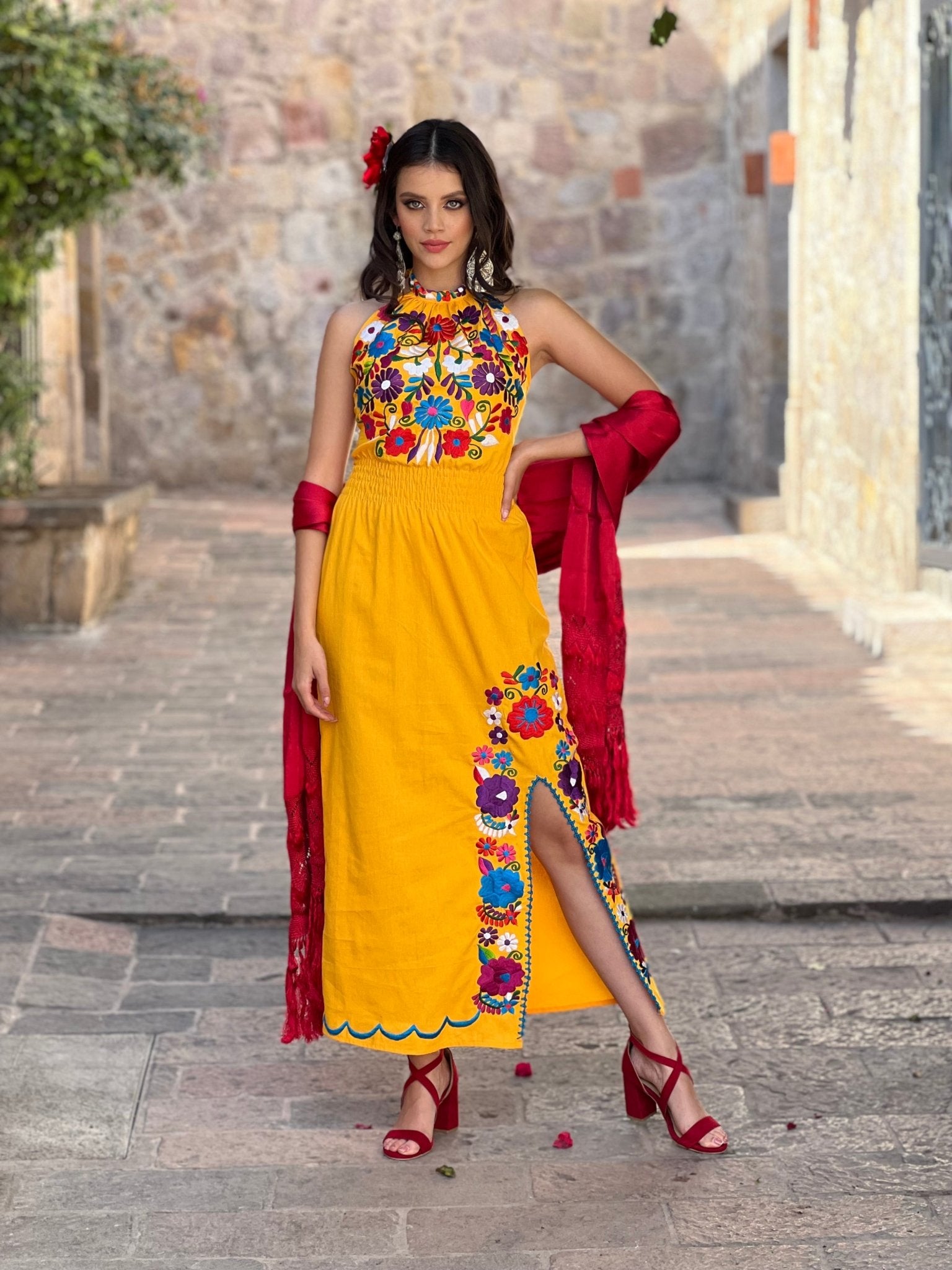 Mexican Embroidered Floral Halter Dress in Yellow with Multicolor embroidery