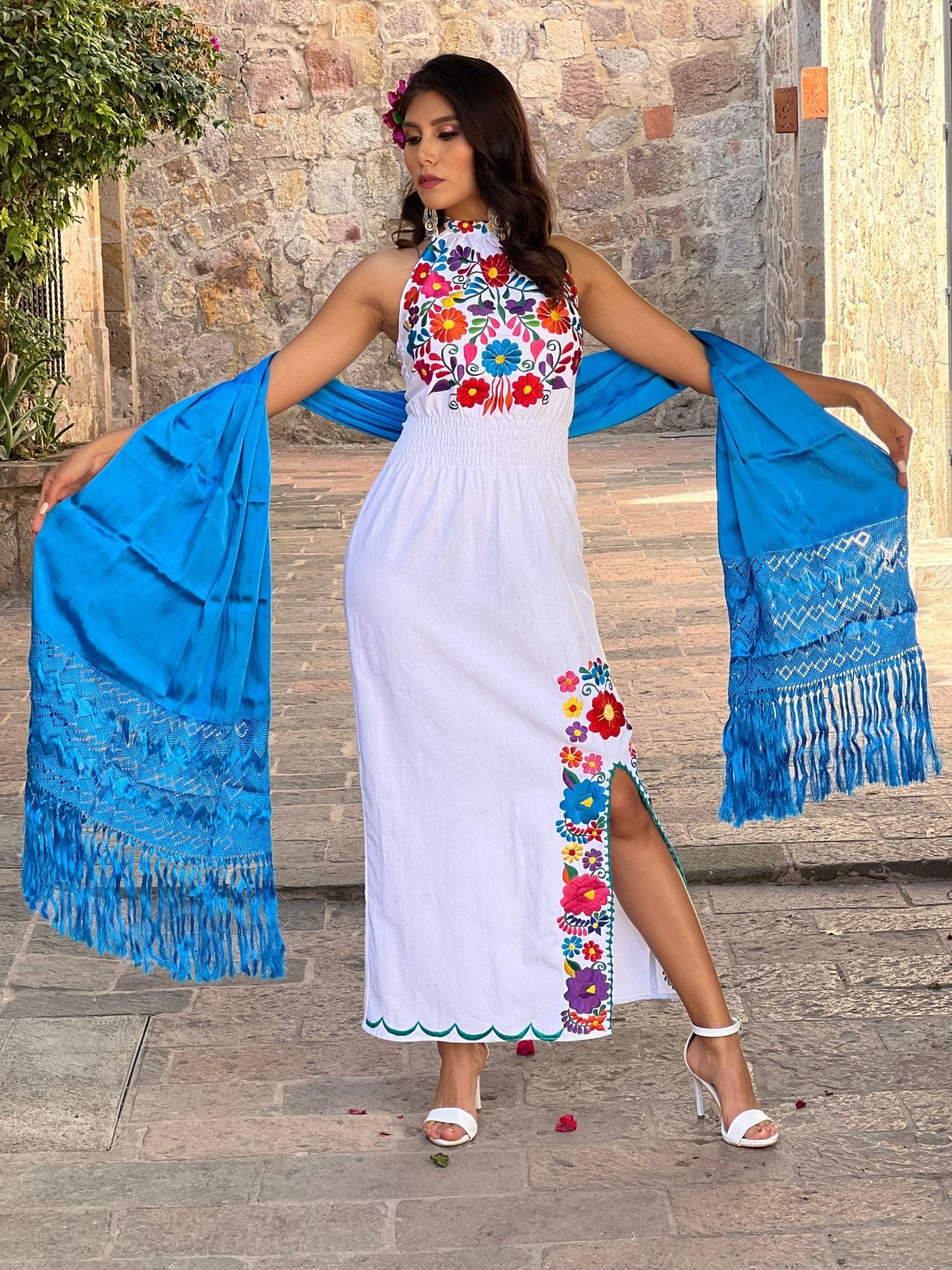 Mexican Embroidered Floral Halter Dress in White with Multicolor embroidery