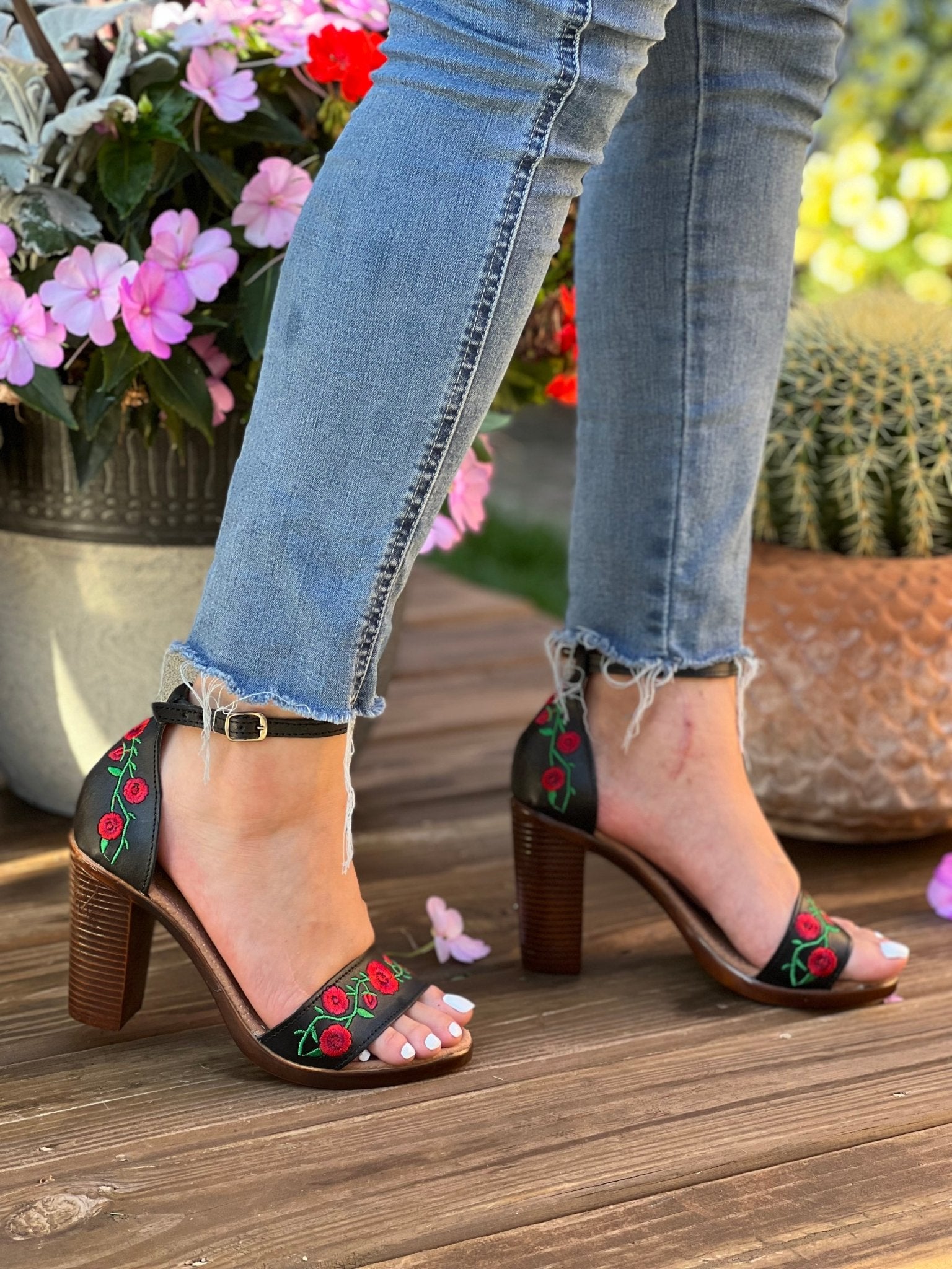 Mexican Embroidered Leather Block Heels. Camila Heels. - Solei Store