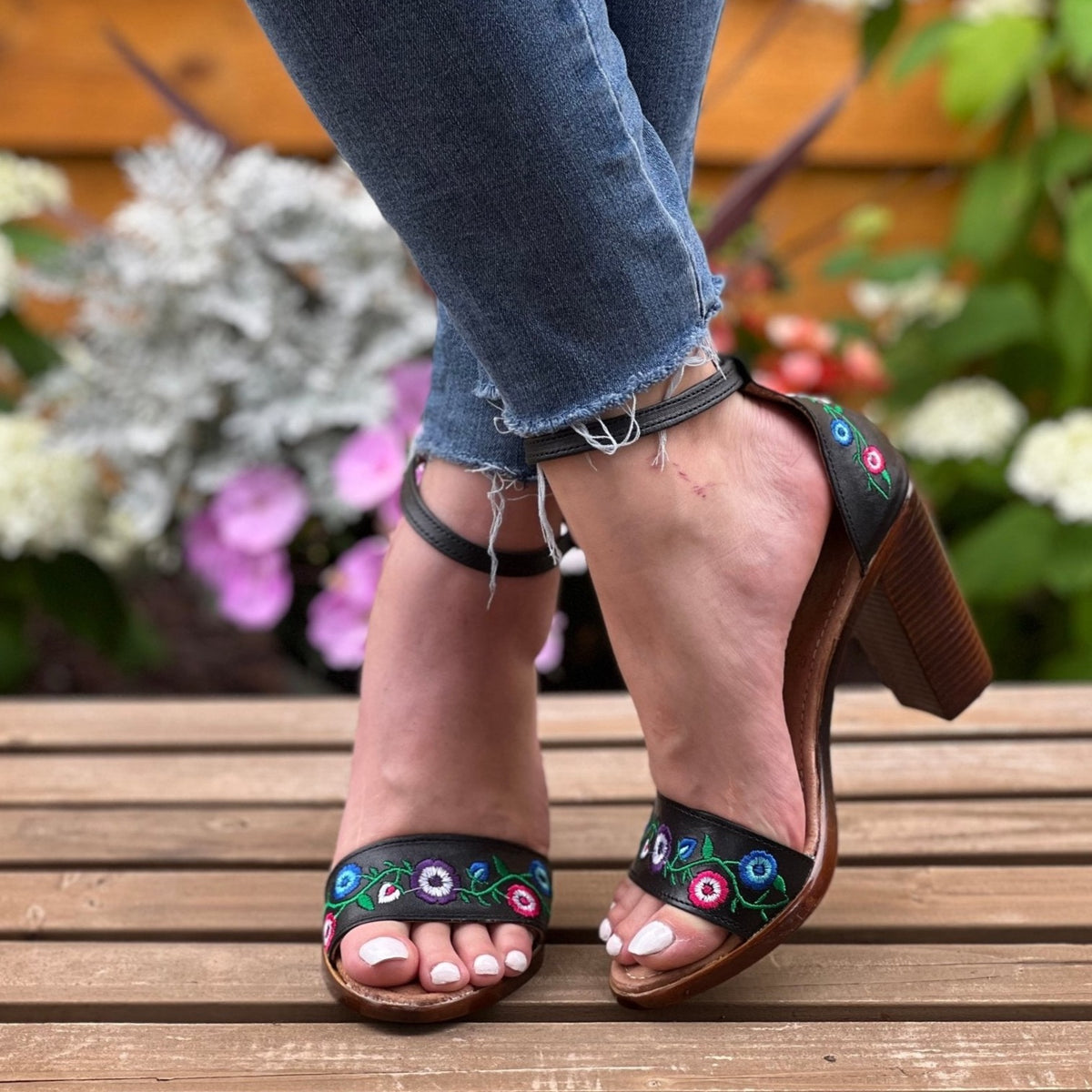 Embroidered floral heels best sale