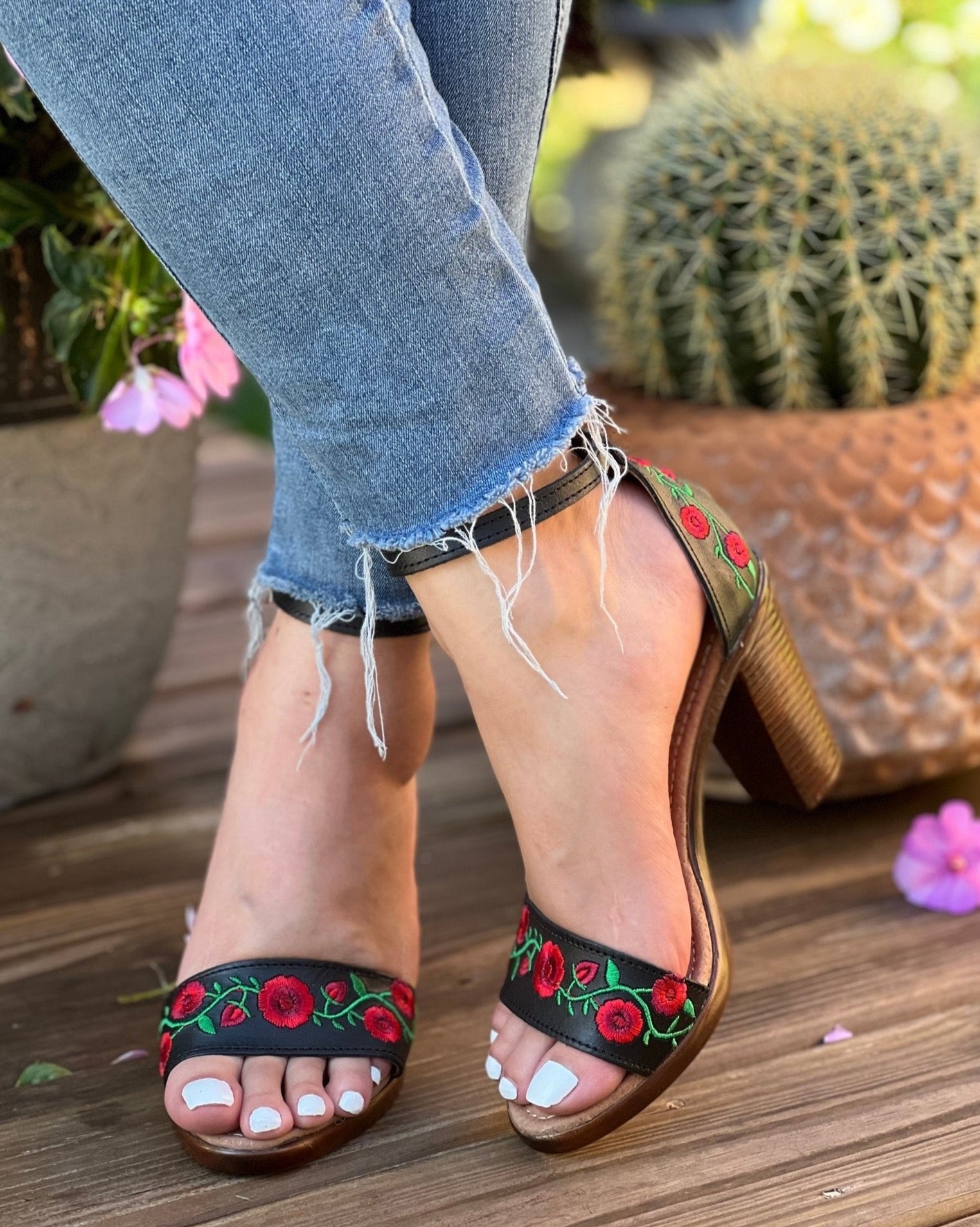 Mexican Embroidered Leather Block Heels. Camila Heels. - Solei Store