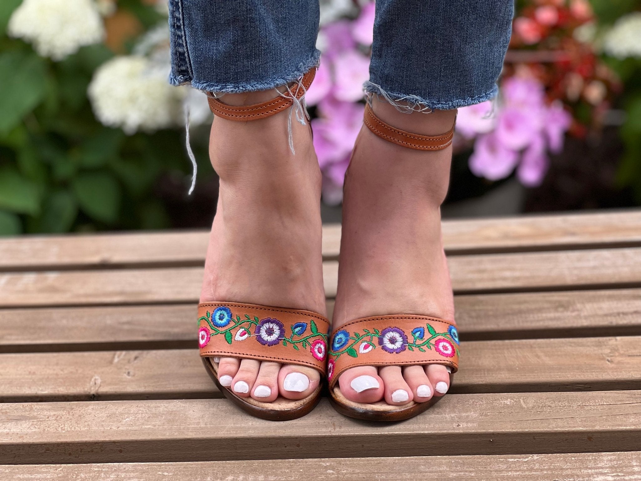 Mexican Embroidered Leather Block Heels. Camila Heels. - Solei Store