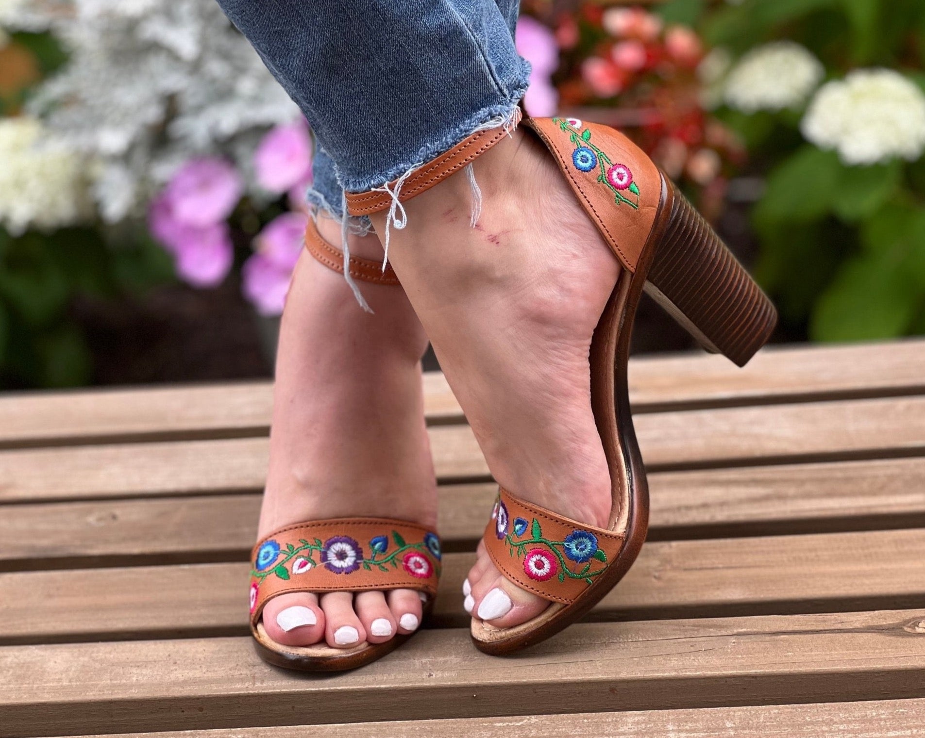 Mexican Embroidered Leather Block Heels. Camila Heels. - Solei Store