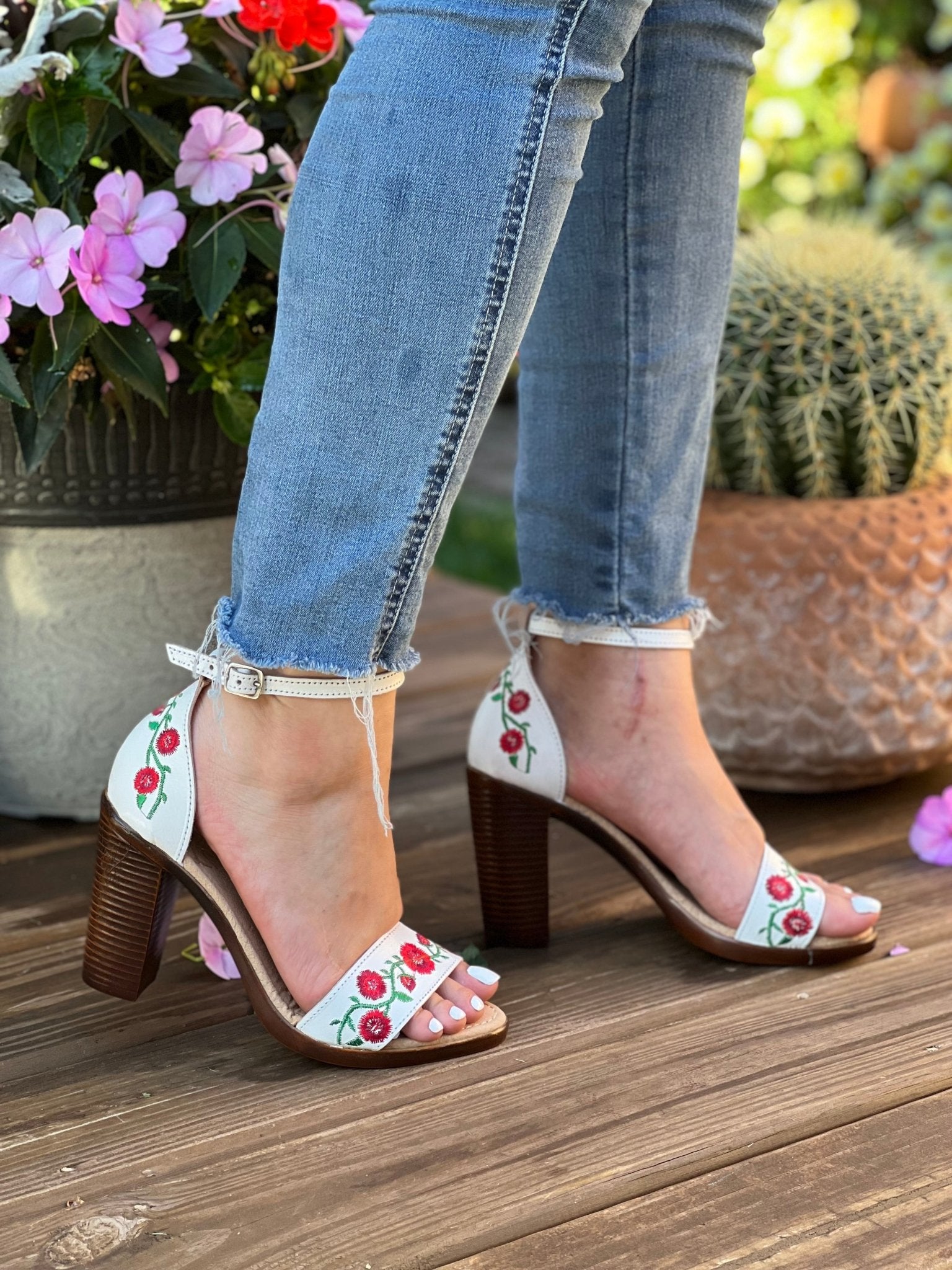 Mexican Embroidered Leather Block Heels. Camila Heels. - Solei Store