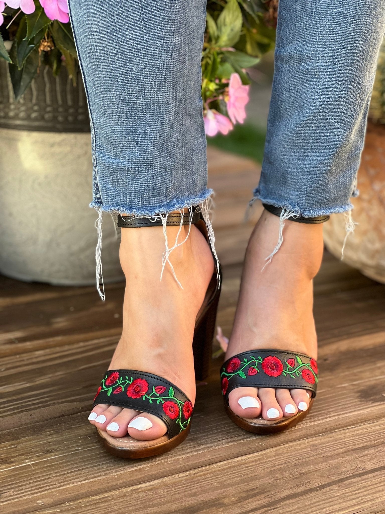 Mexican Embroidered Leather Block Heels. Camila Heels. - Solei Store