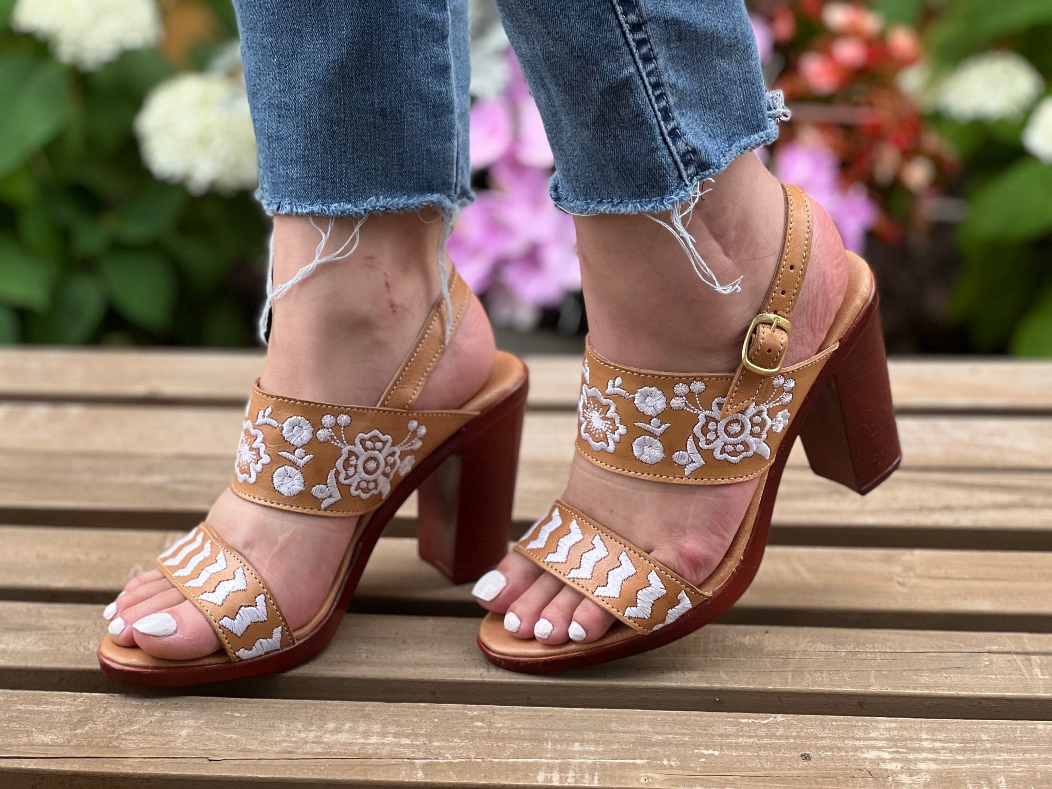 Mexican Embroidered Leather Block Heels. Leonor Heels. - Solei Store