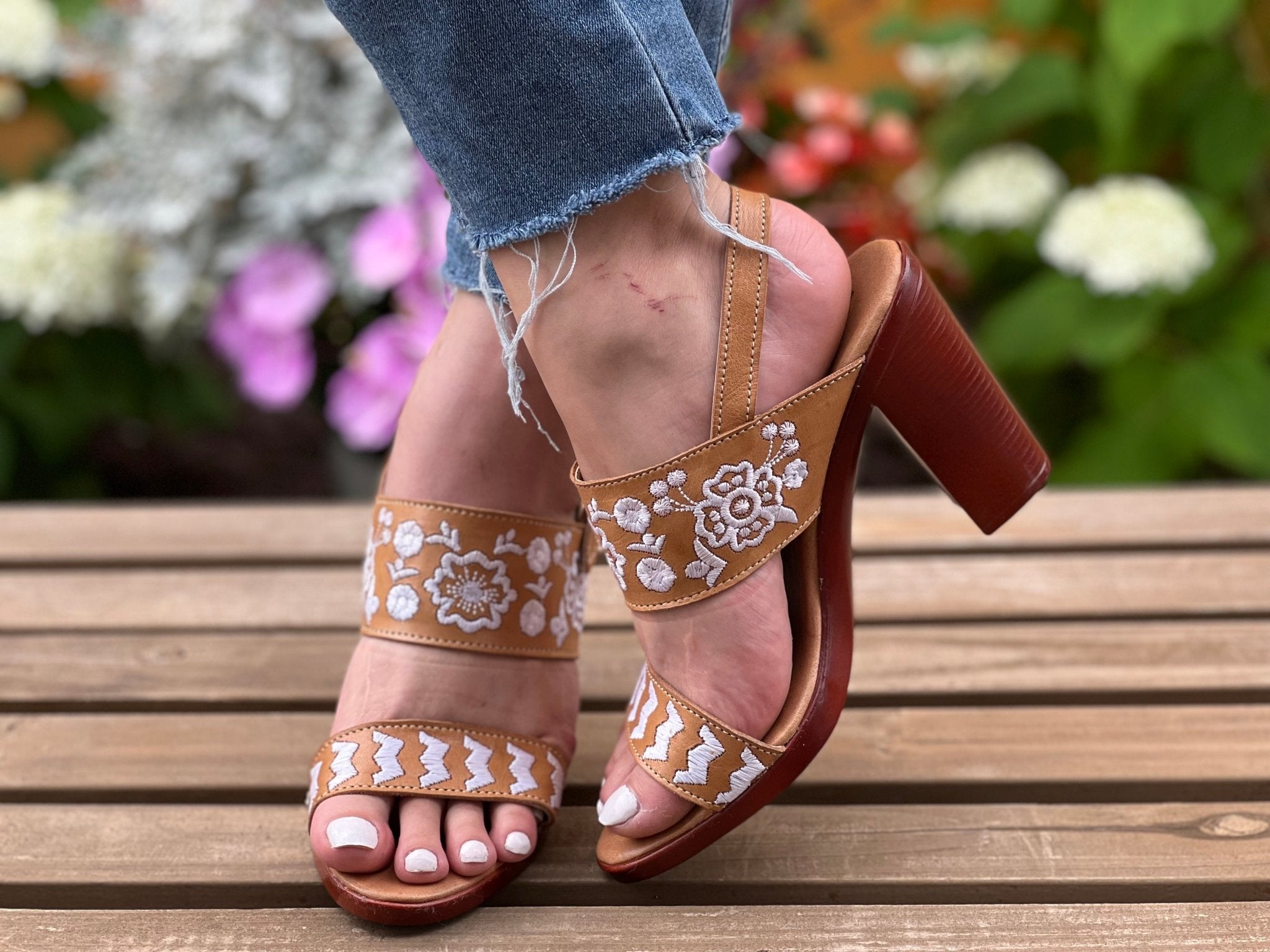 Mexican Embroidered Leather Block Heels. Leonor Heels. - Solei Store