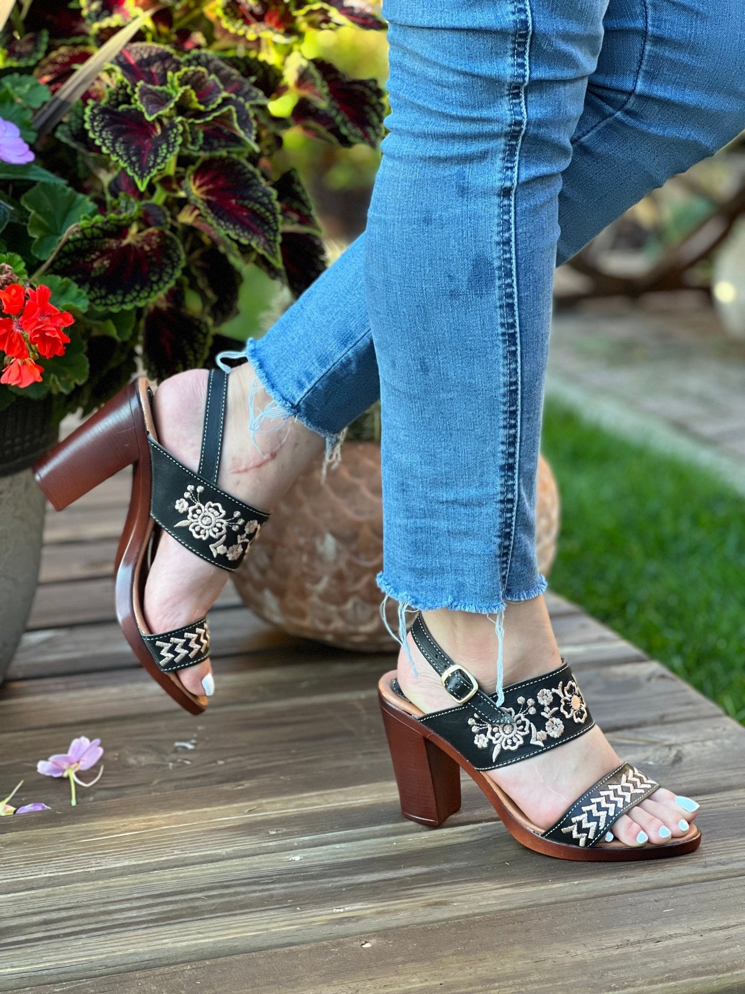 Mexican Embroidered Leather Block Heels. Leonor Heels. - Solei Store