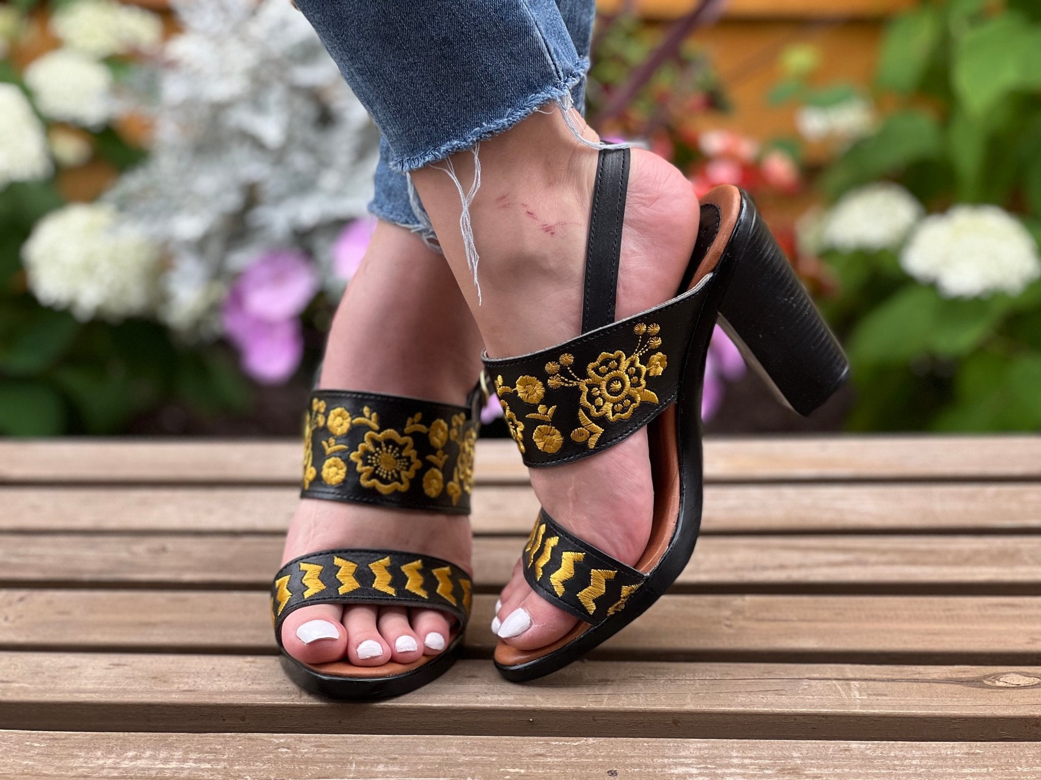 Mexican Embroidered Leather Block Heels. Leonor Heels. - Solei Store