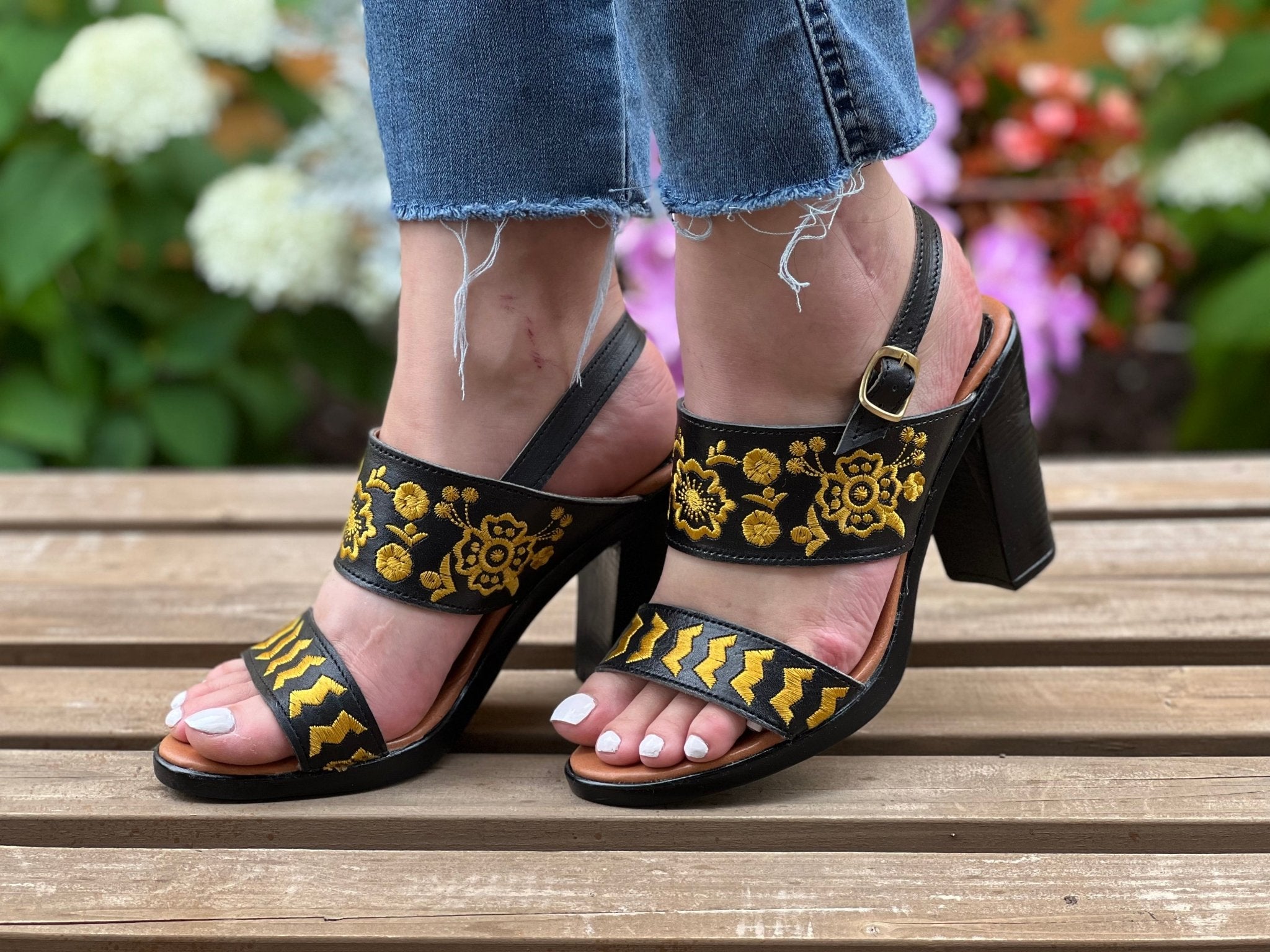 Mexican Embroidered Leather Block Heels. Leonor Heels. - Solei Store