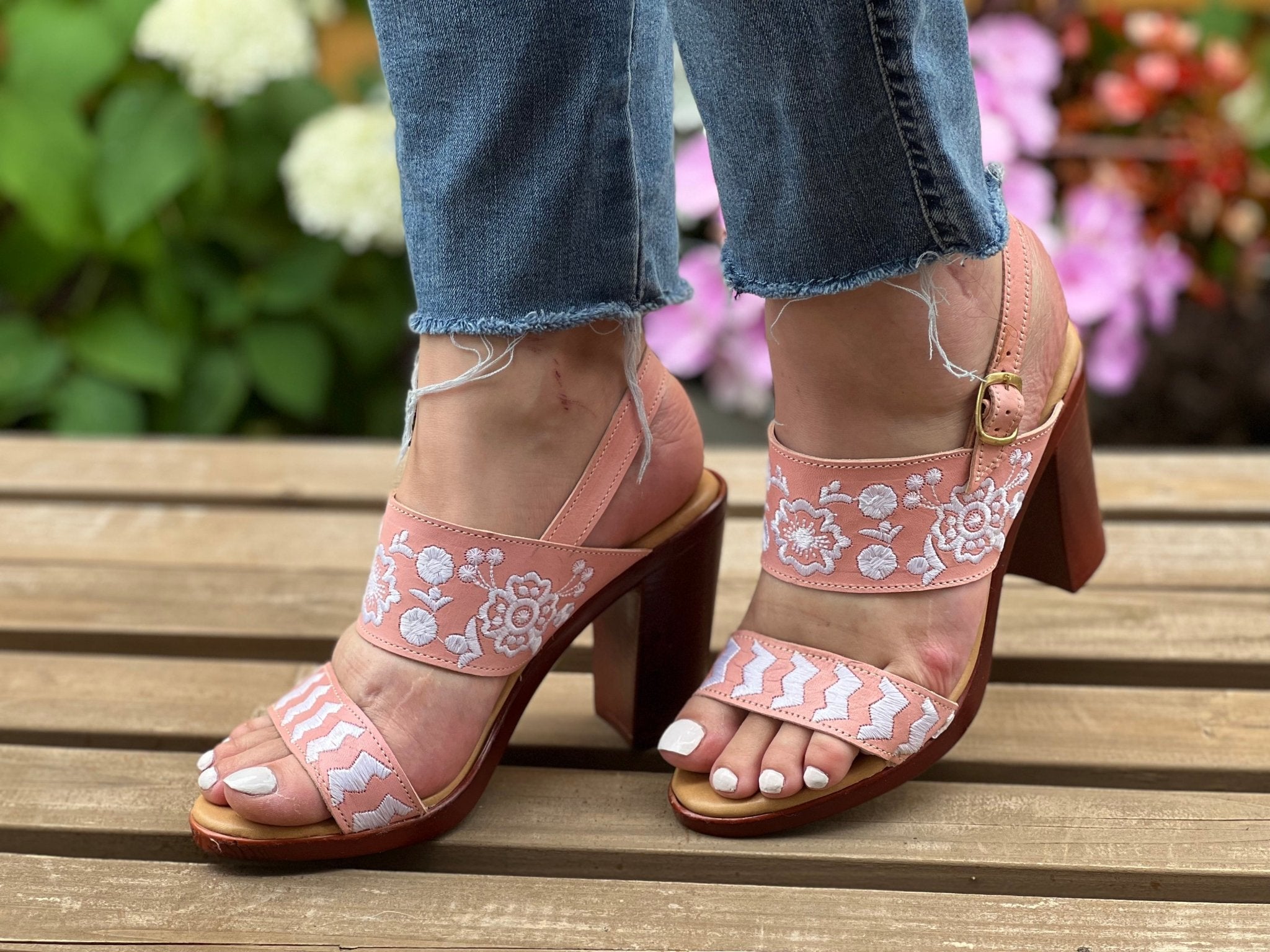 Mexican Embroidered Leather Block Heels. Leonor Heels. - Solei Store