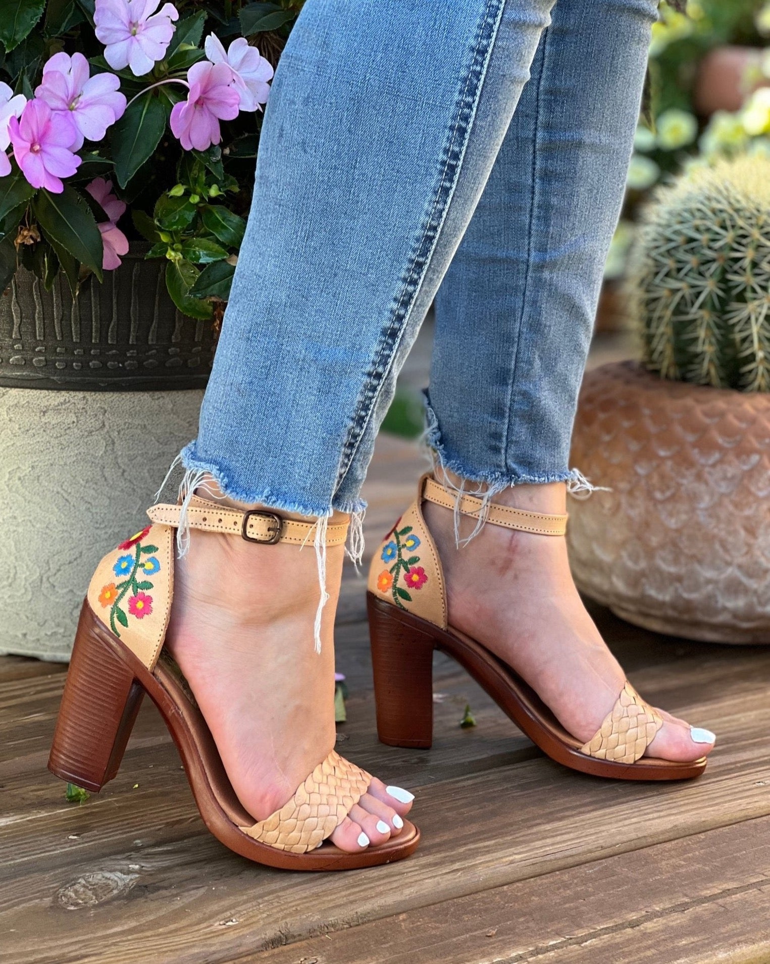 Mexican Embroidered Leather Block Heels. Salma Heels. - Solei Store