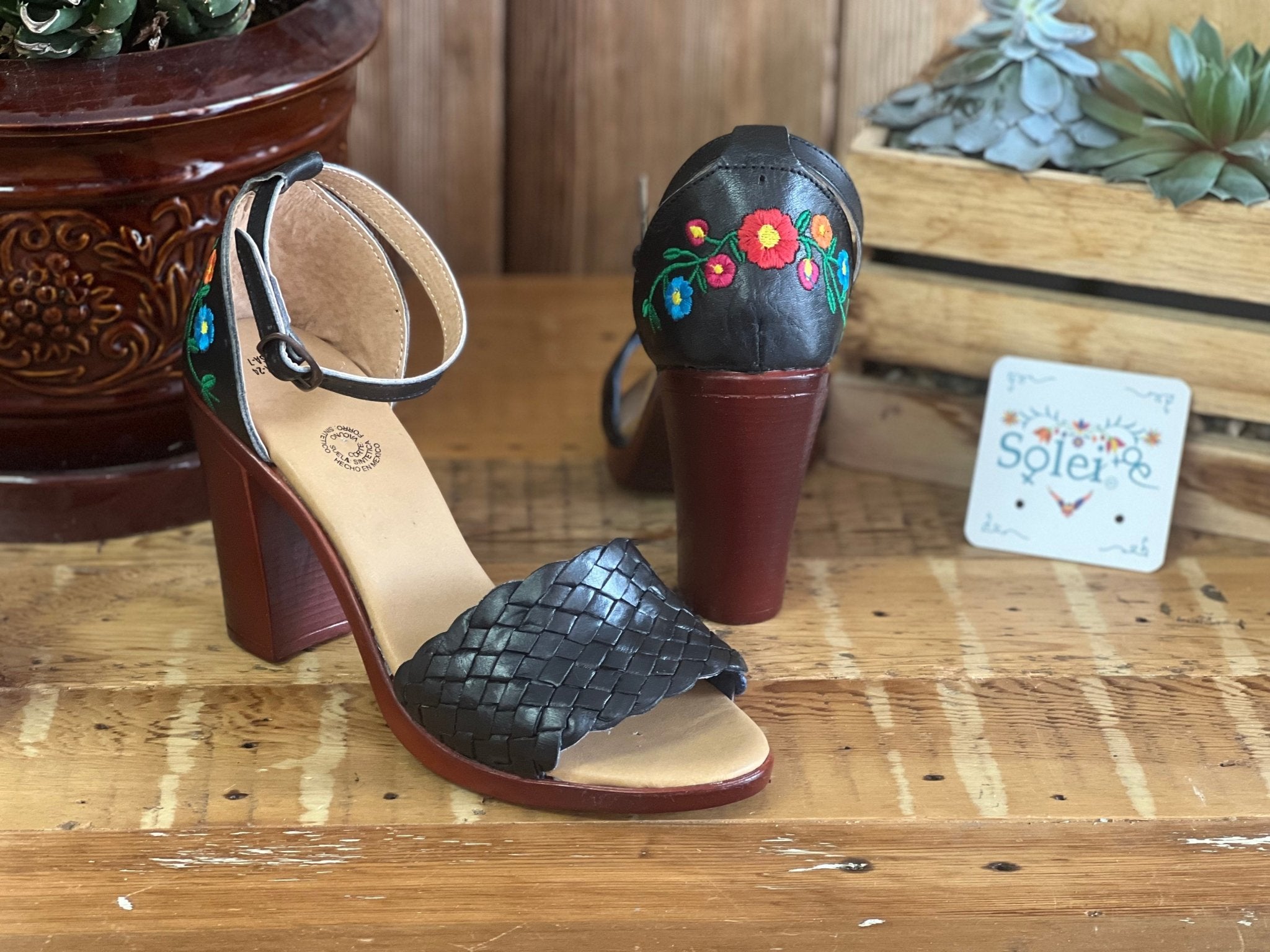 Mexican Embroidered Leather Block Heels. Salma Heels. - Solei Store