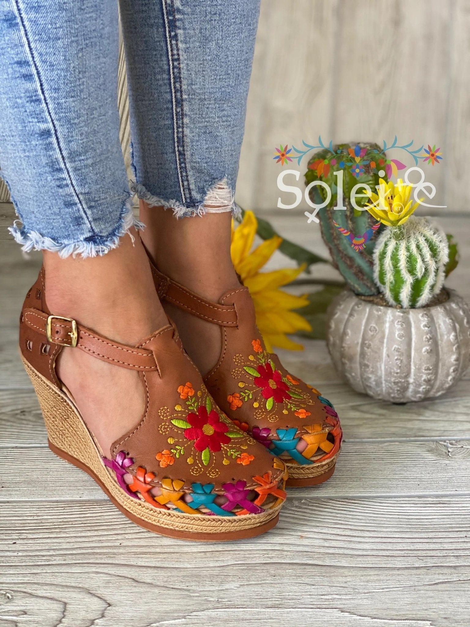 Mexican Embroidered Leather Wedge Heels. Mayra Heels. - Solei Store