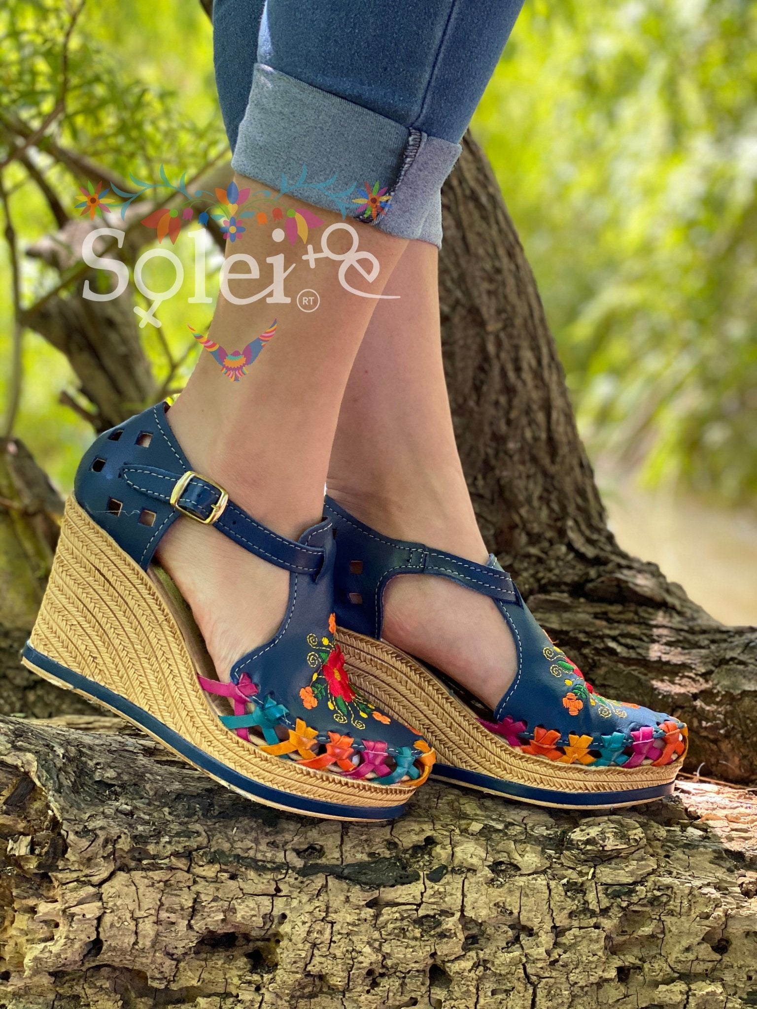 Mexican Embroidered Leather Wedge Heels. Mayra Heels. - Solei Store