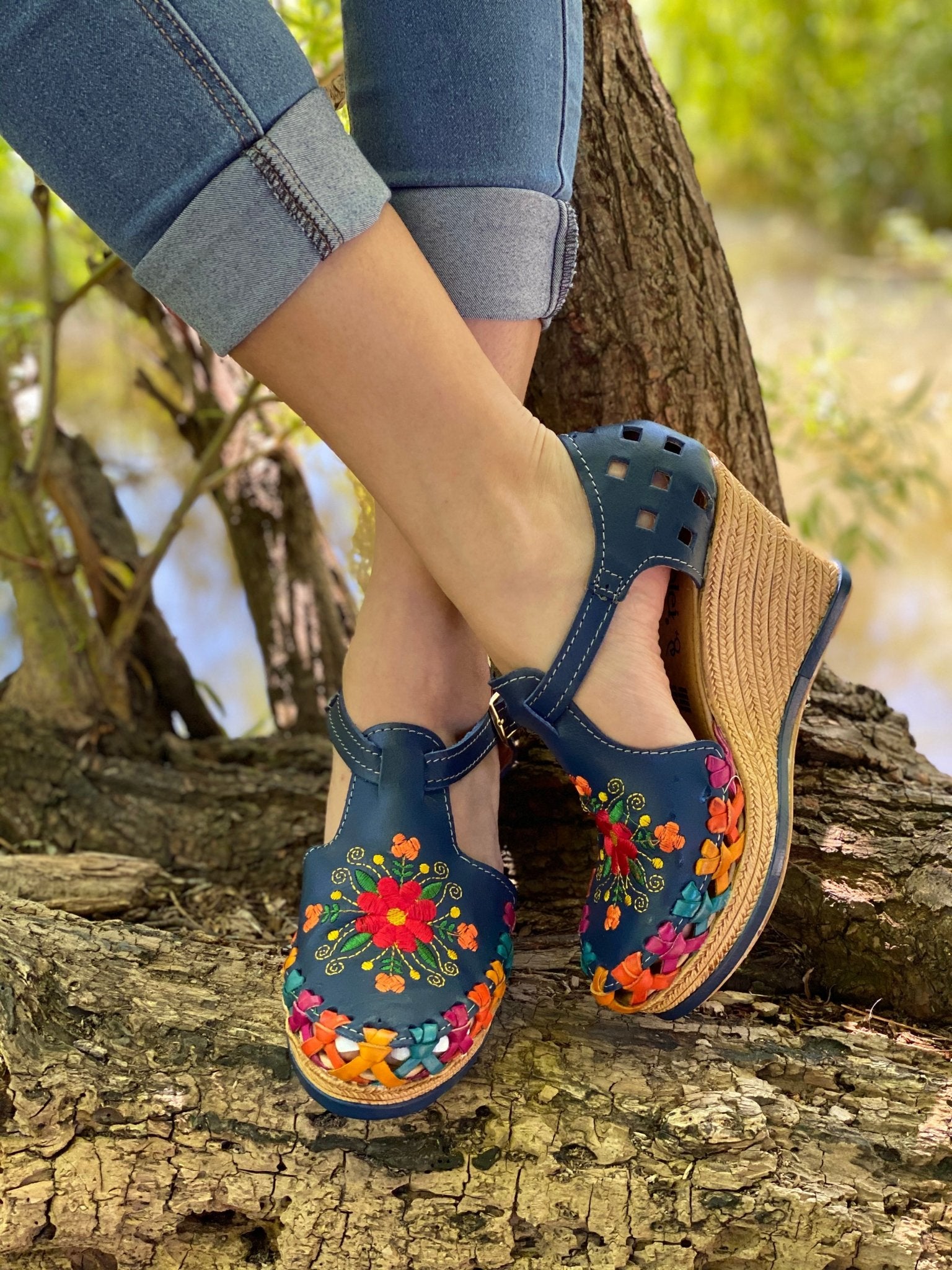 Mexican Embroidered Leather Wedge Heels. Mayra Heels. - Solei Store