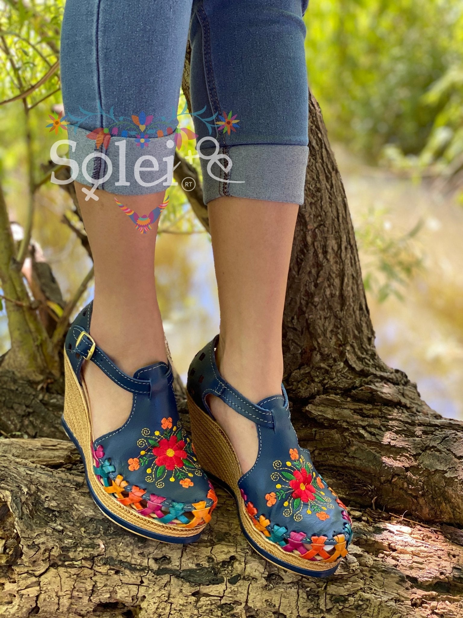 Mexican Embroidered Leather Wedge Heels. Mayra Heels. - Solei Store