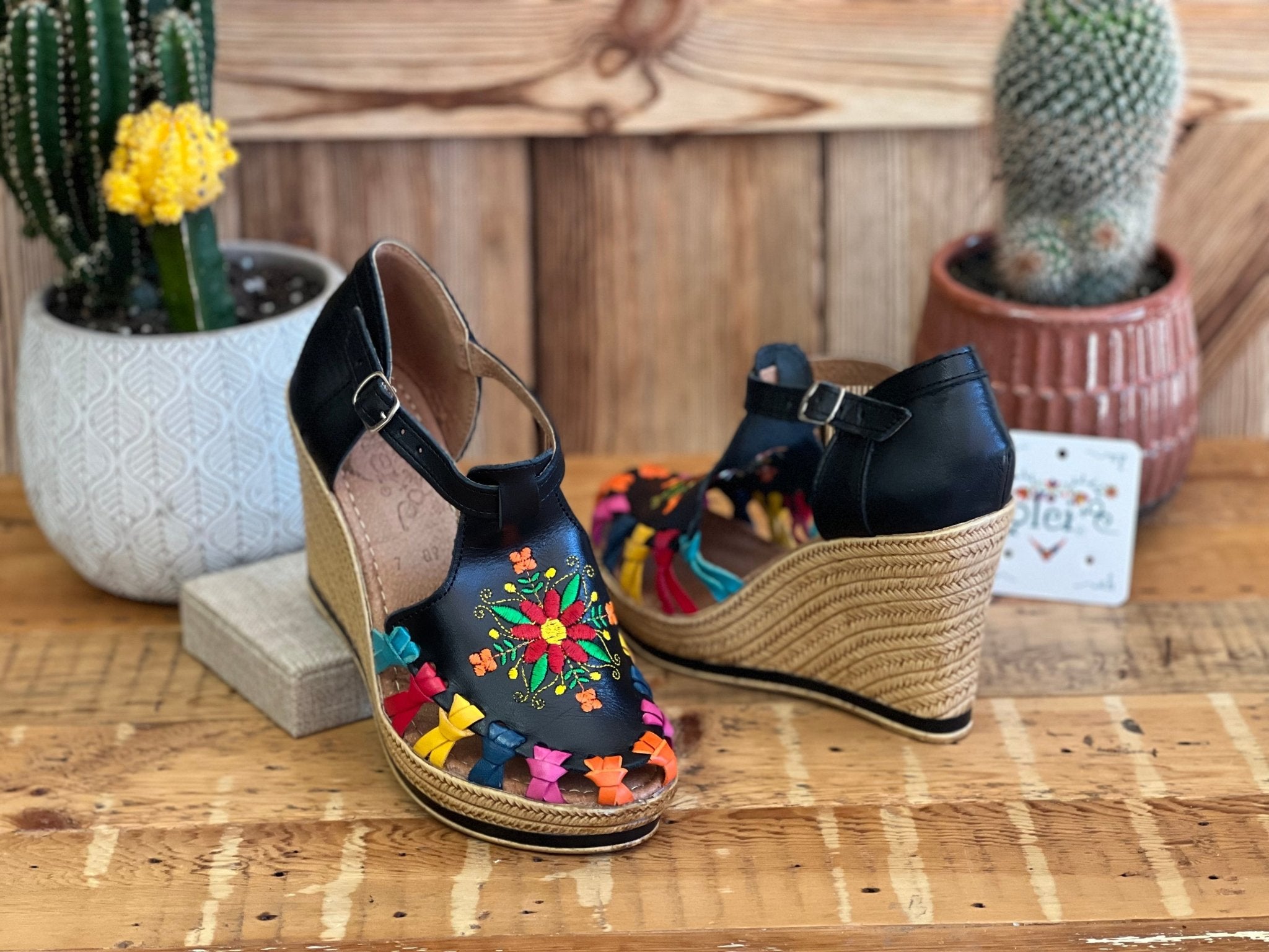 Mexican Embroidered Leather Wedge Heels. Mayra Heels. - Solei Store