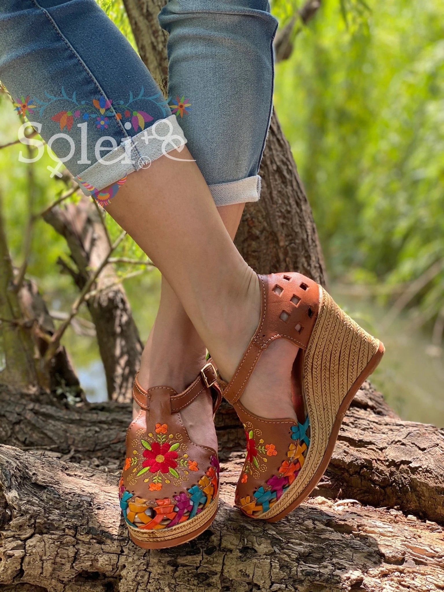 Mexican Embroidered Leather Wedge Heels. Mayra Heels. - Solei Store