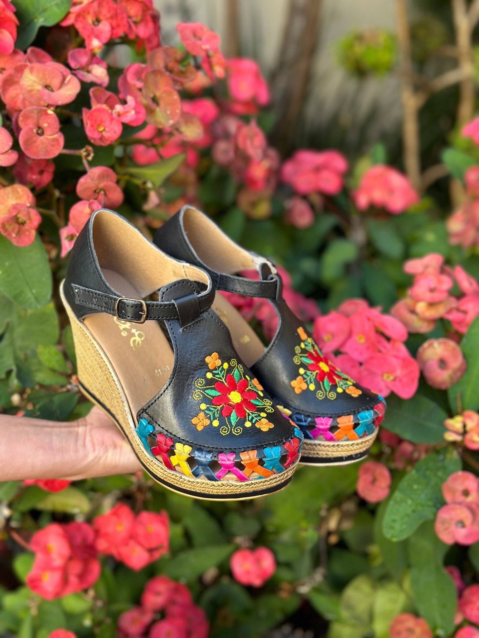 Mexican Embroidered Leather Wedge Heels. Mayra Heels. - Solei Store