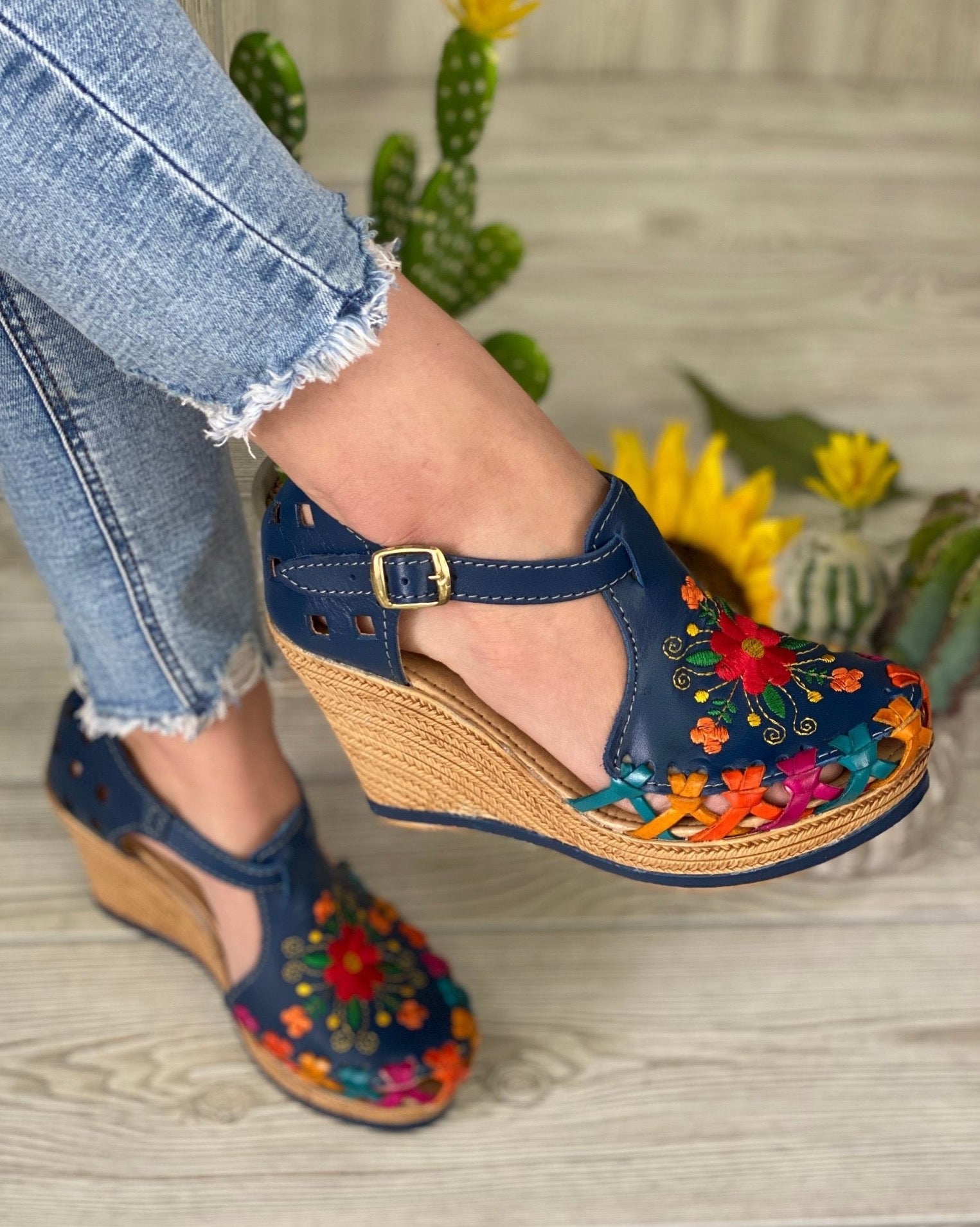 Mexican Embroidered Leather Wedge Heels. Mayra Heels. - Solei Store