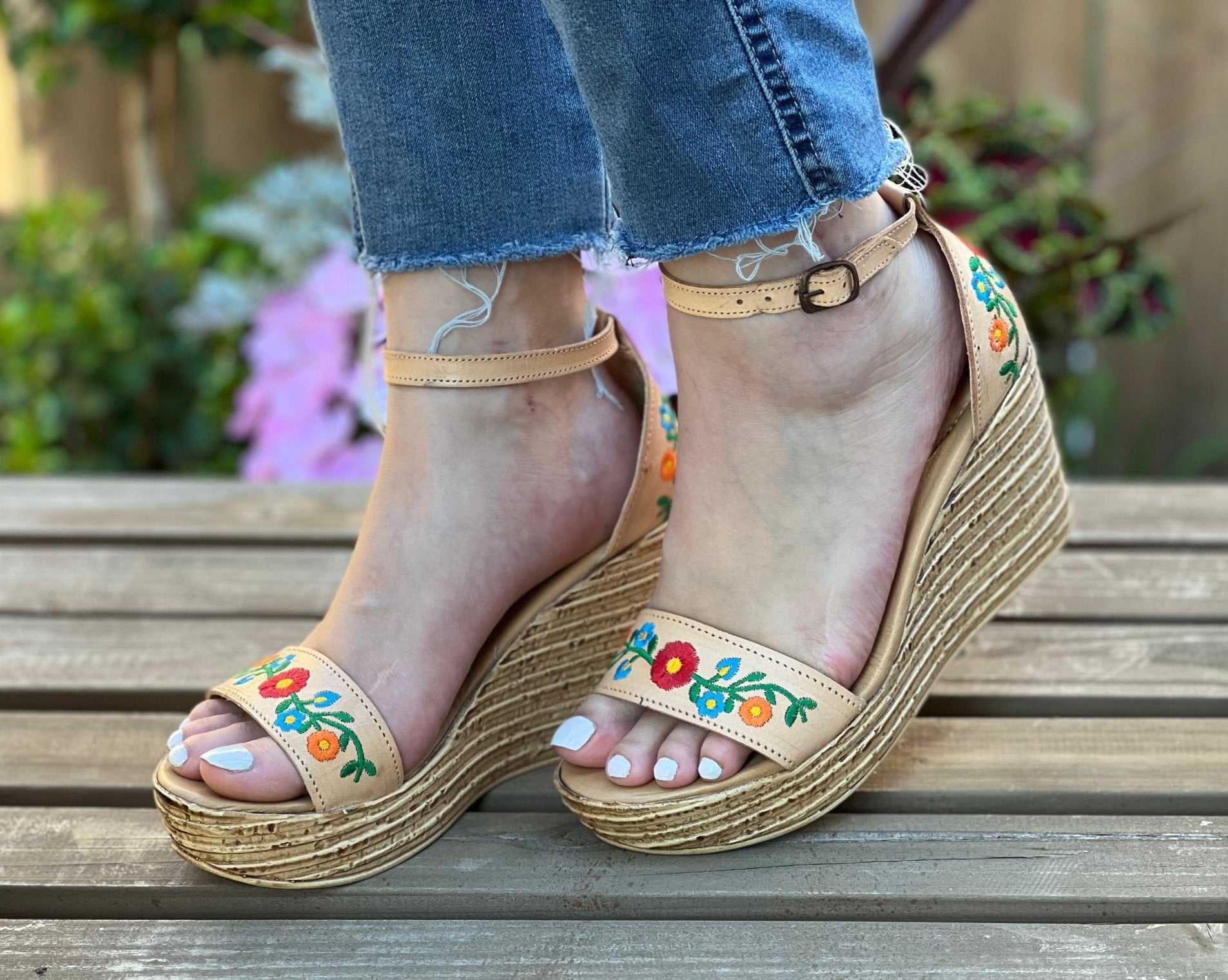 Mexican Embroidered Leather Wedge Heels. Yolanda Heels. - Solei Store