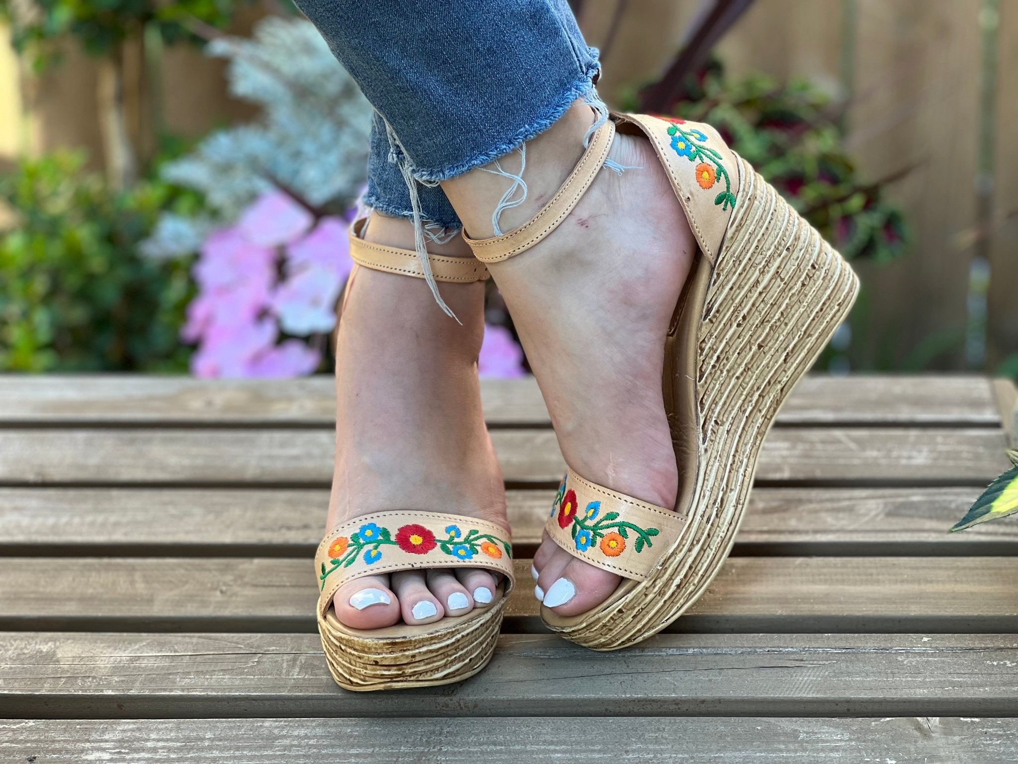 Mexican Embroidered Leather Wedge Heels. Yolanda Heels. - Solei Store