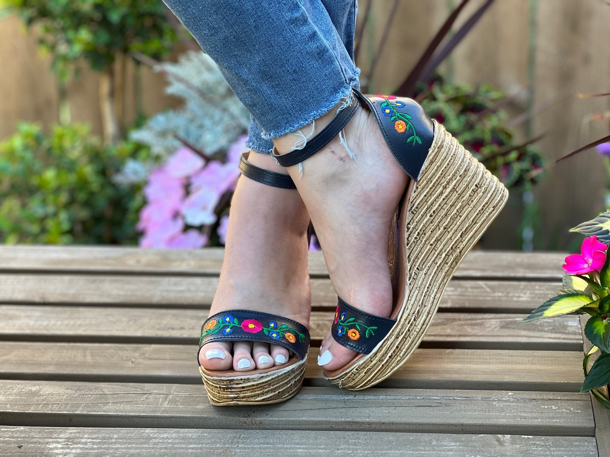 Mexican Embroidered Leather Wedge Heels. Yolanda Heels. - Solei Store