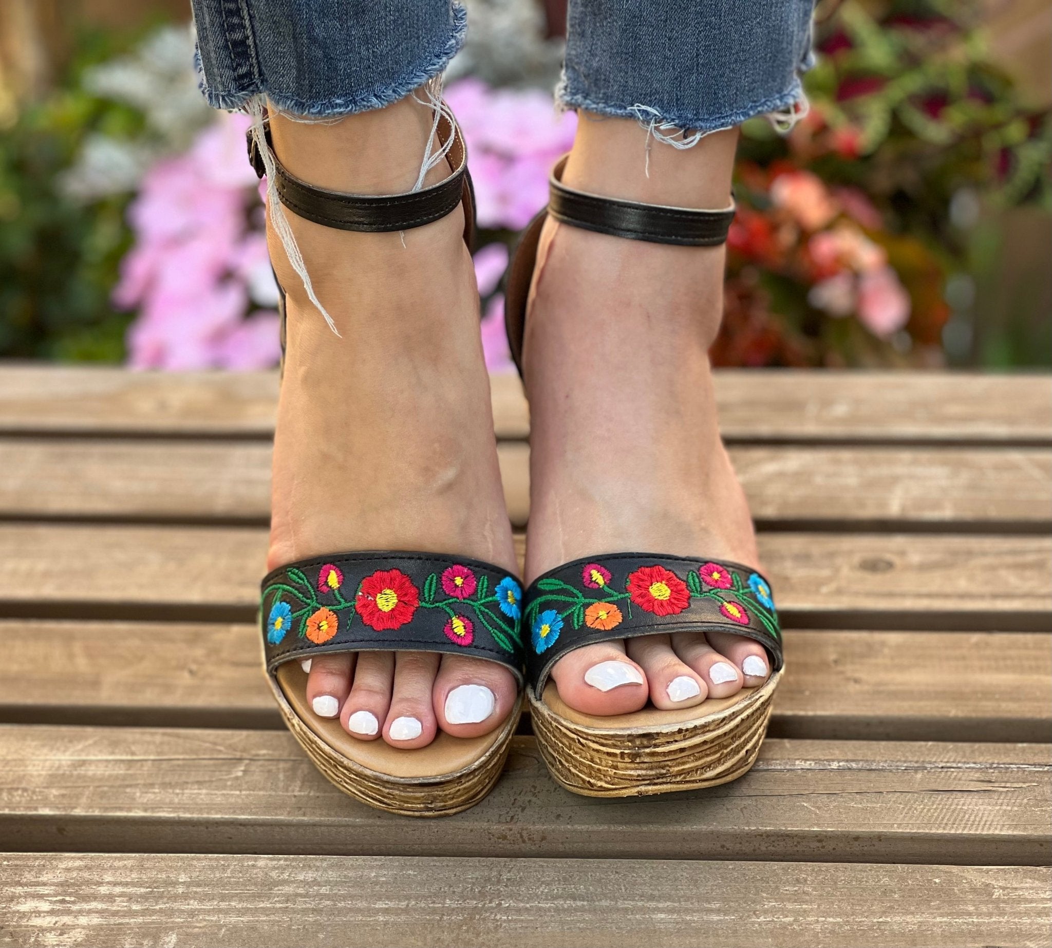 Mexican Embroidered Leather Wedge Heels. Yolanda Heels. - Solei Store