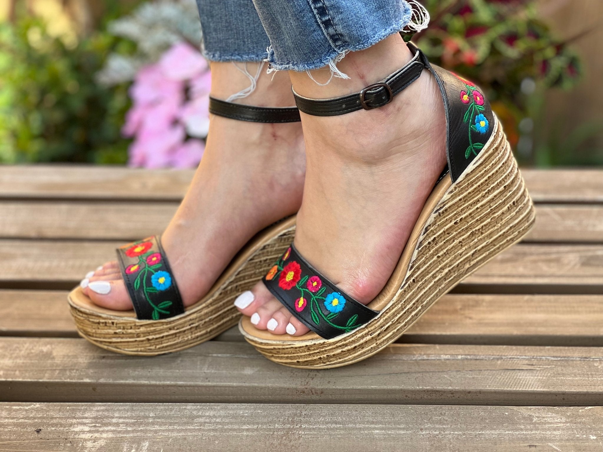 Mexican Embroidered Leather Wedge Heels. Yolanda Heels. - Solei Store