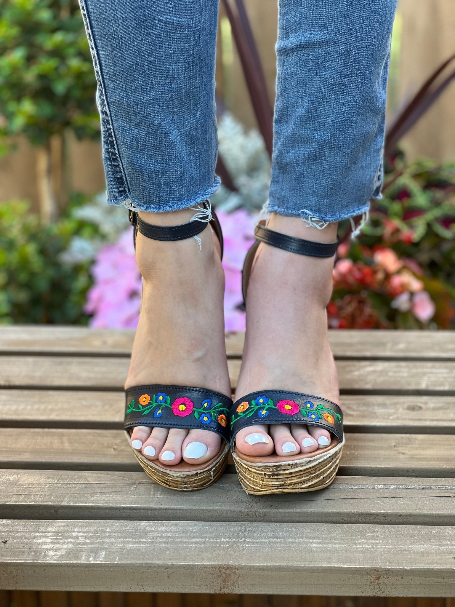 Mexican Embroidered Leather Wedge Heels. Yolanda Heels. - Solei Store