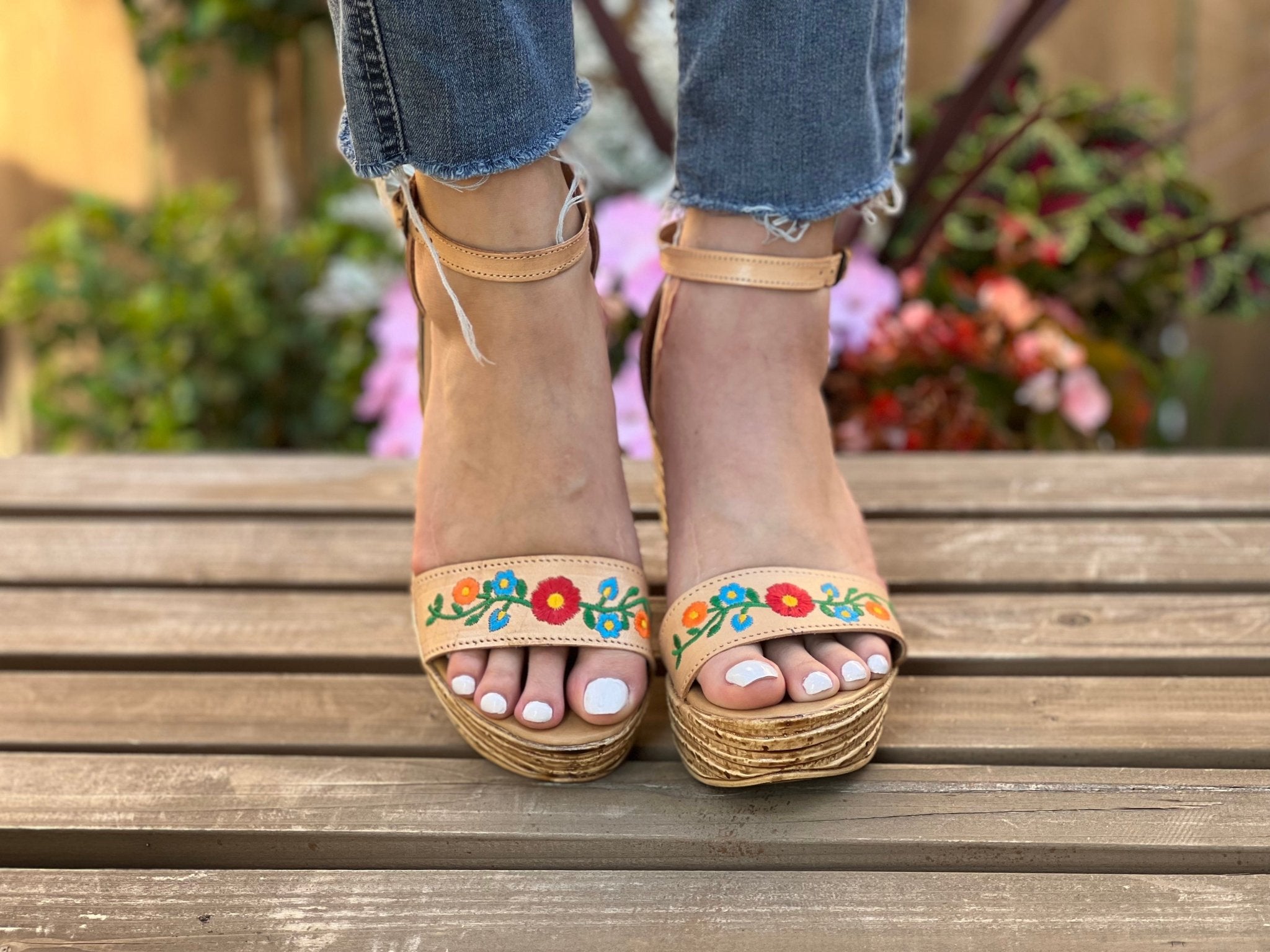 Mexican Embroidered Leather Wedge Heels. Yolanda Heels. - Solei Store