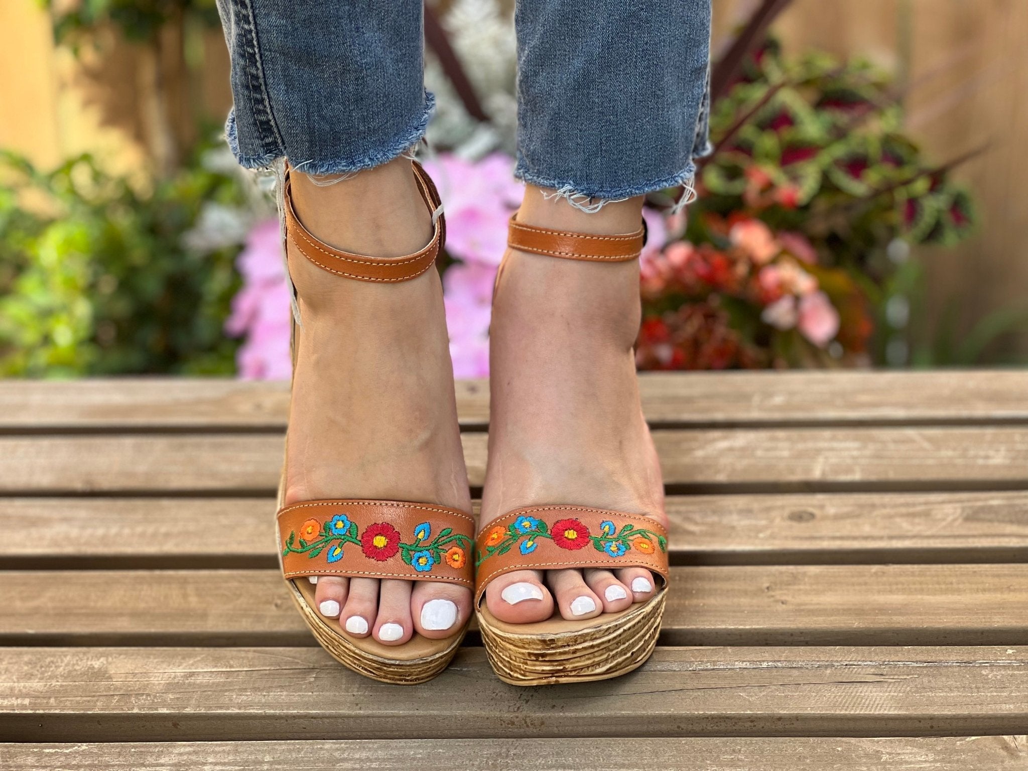 Mexican Embroidered Leather Wedge Heels. Yolanda Heels. - Solei Store